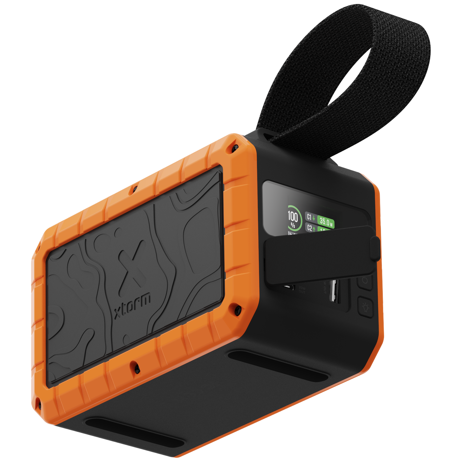 Orange and black power bank with handle and display screen.