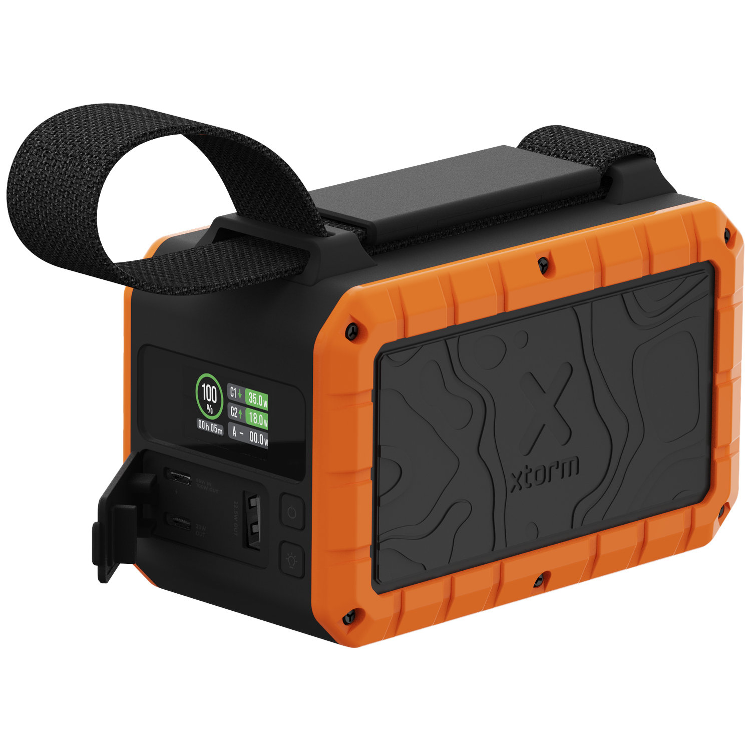 Orange and black power bank with strap and screen.