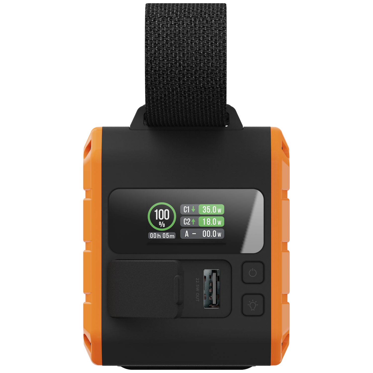 Orange and black power bank with screen displaying battery and power output.