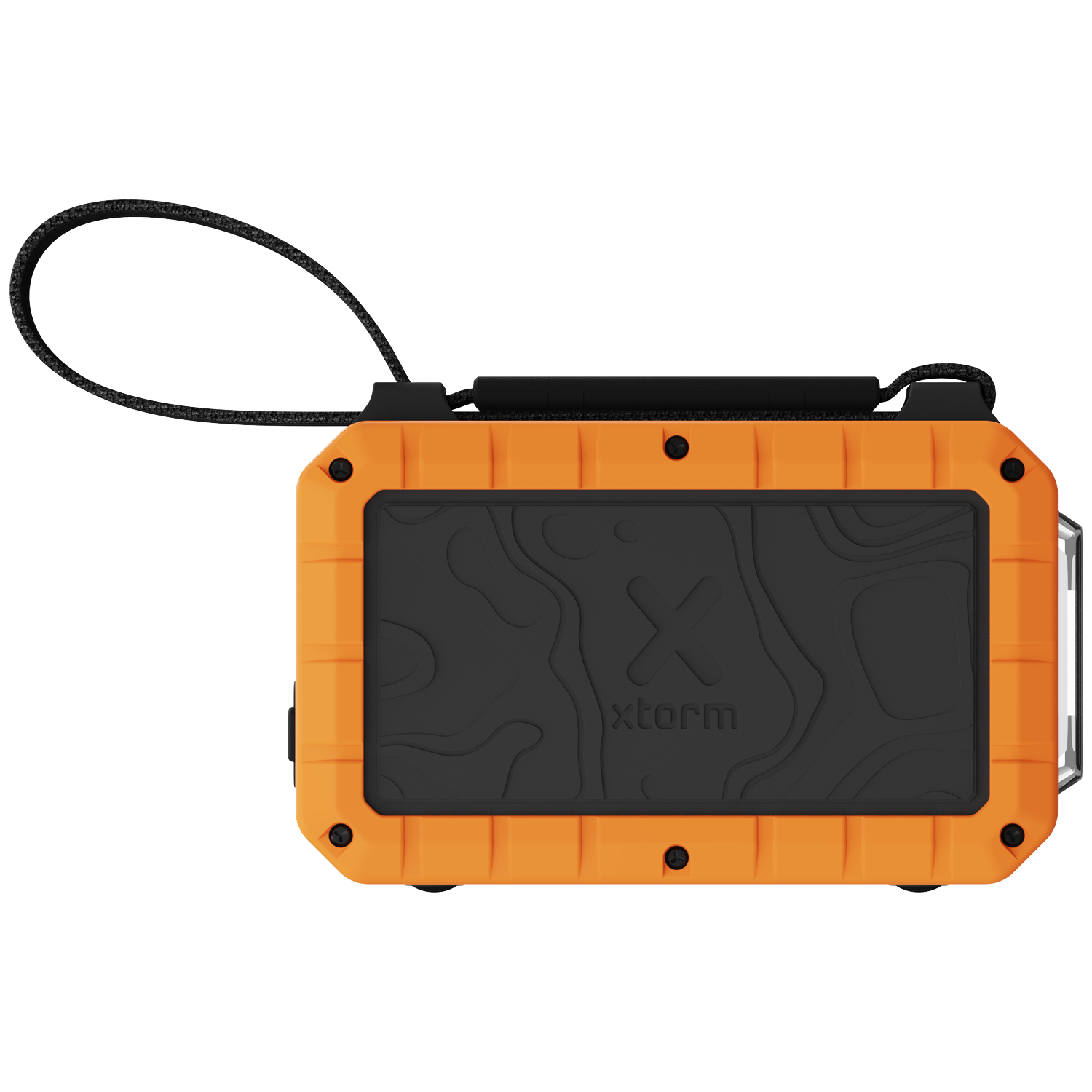 An orange casing with a black insert and a loop