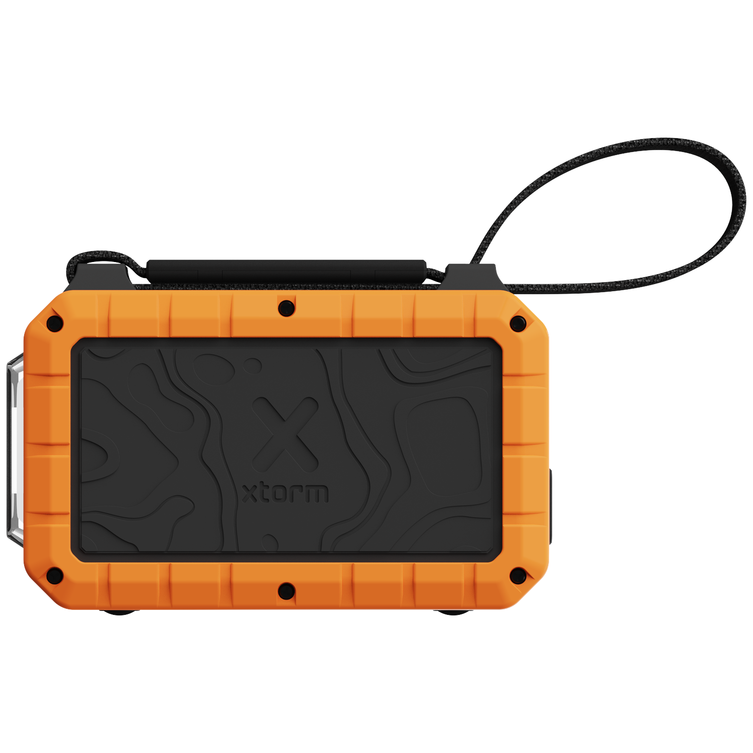 Orange Xtorm power bank with black strap and topographic pattern.