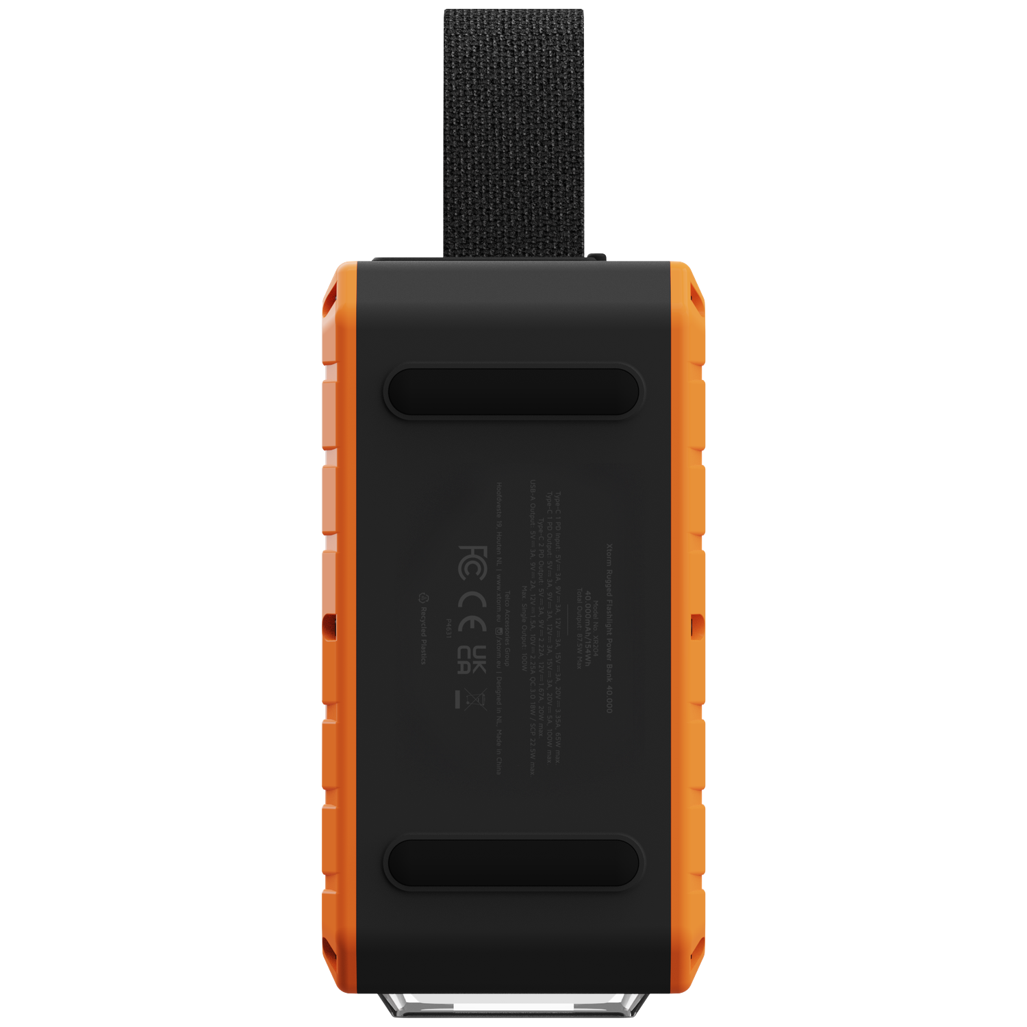 Black and orange rugged power bank with a strap and technical specifications.