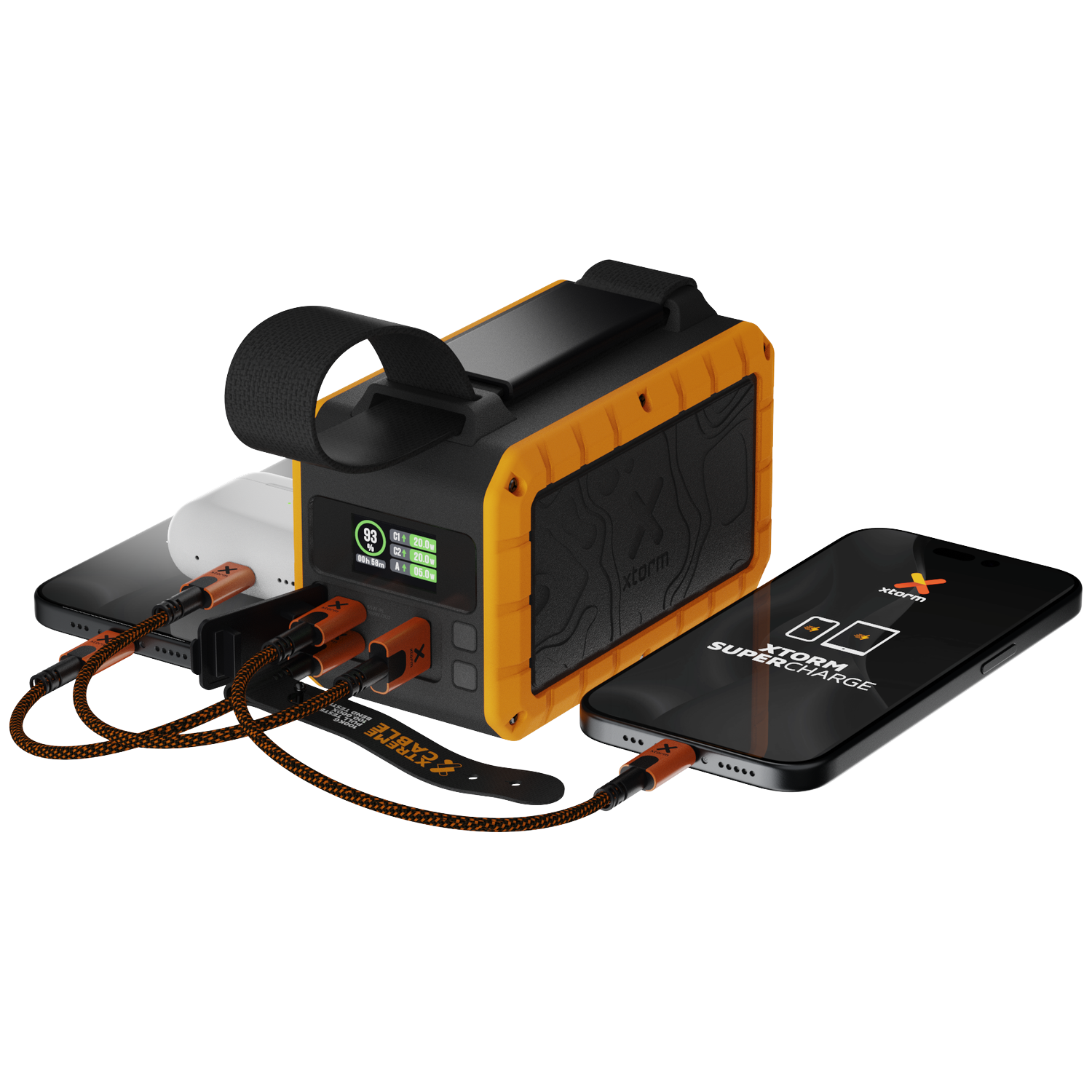 An orange and black power bank is charging two smartphones with cables.