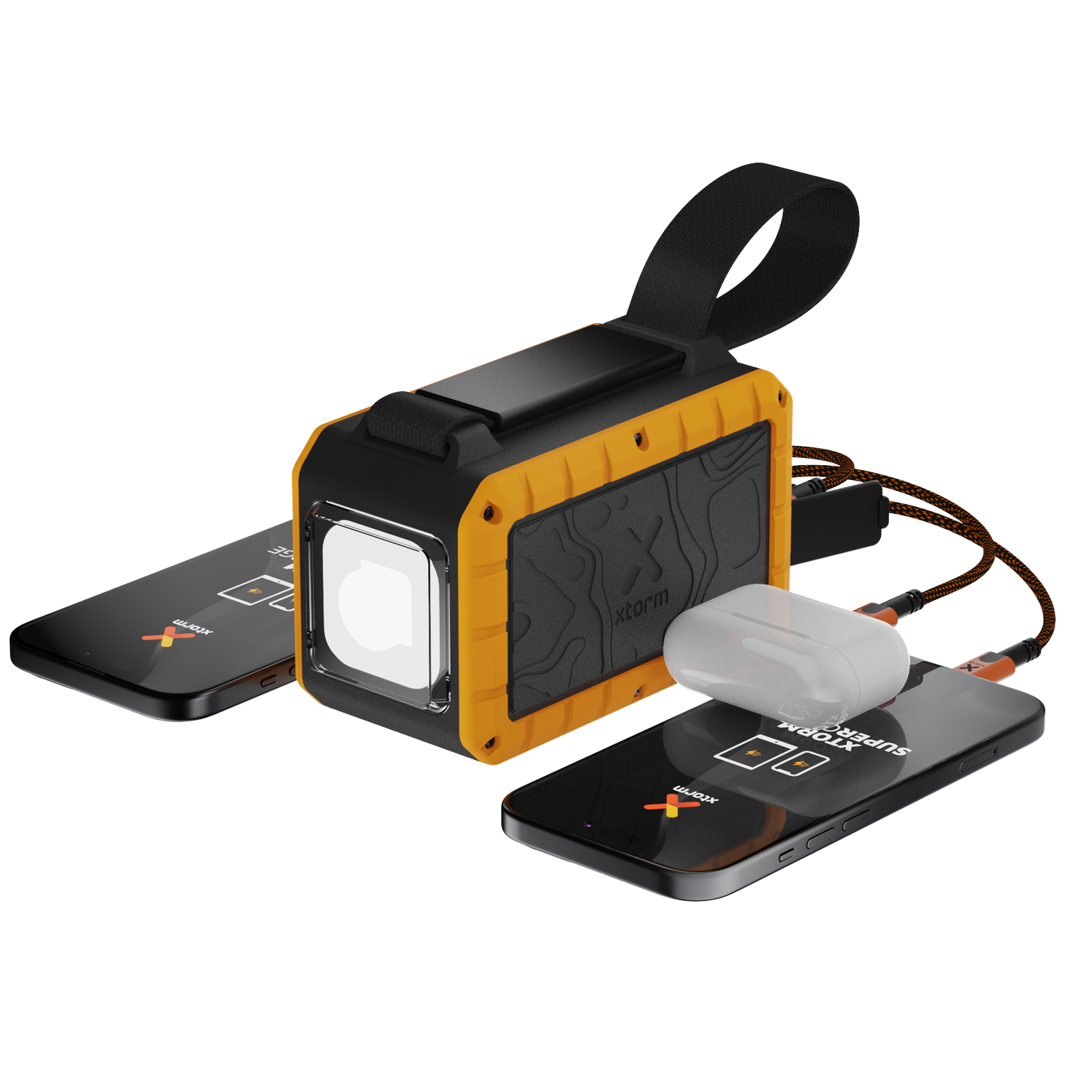 A yellow and black power bank with a light, charging two phones and a case.