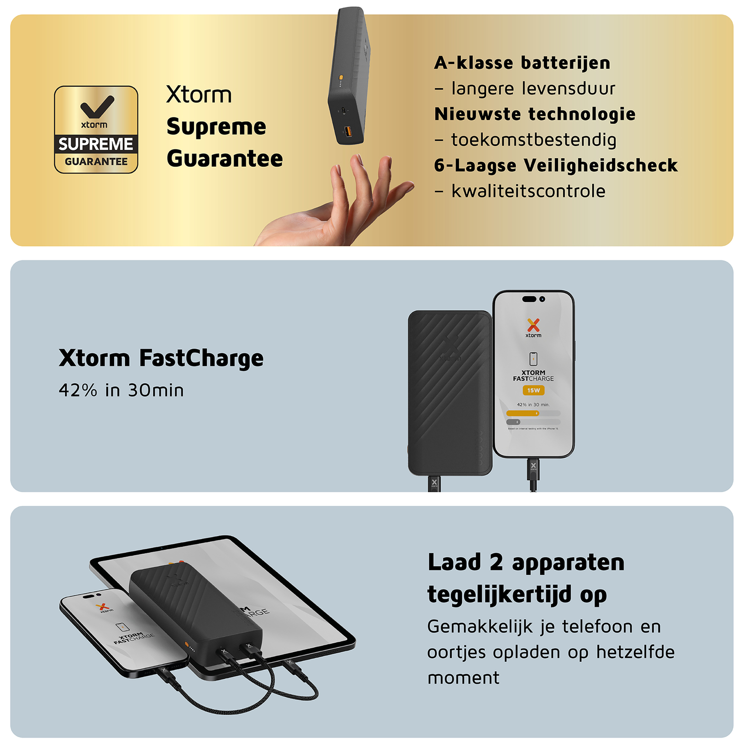 A black Xtorm power bank charges a smartphone and tablet. There is a 'Supreme Guarantee' seal.