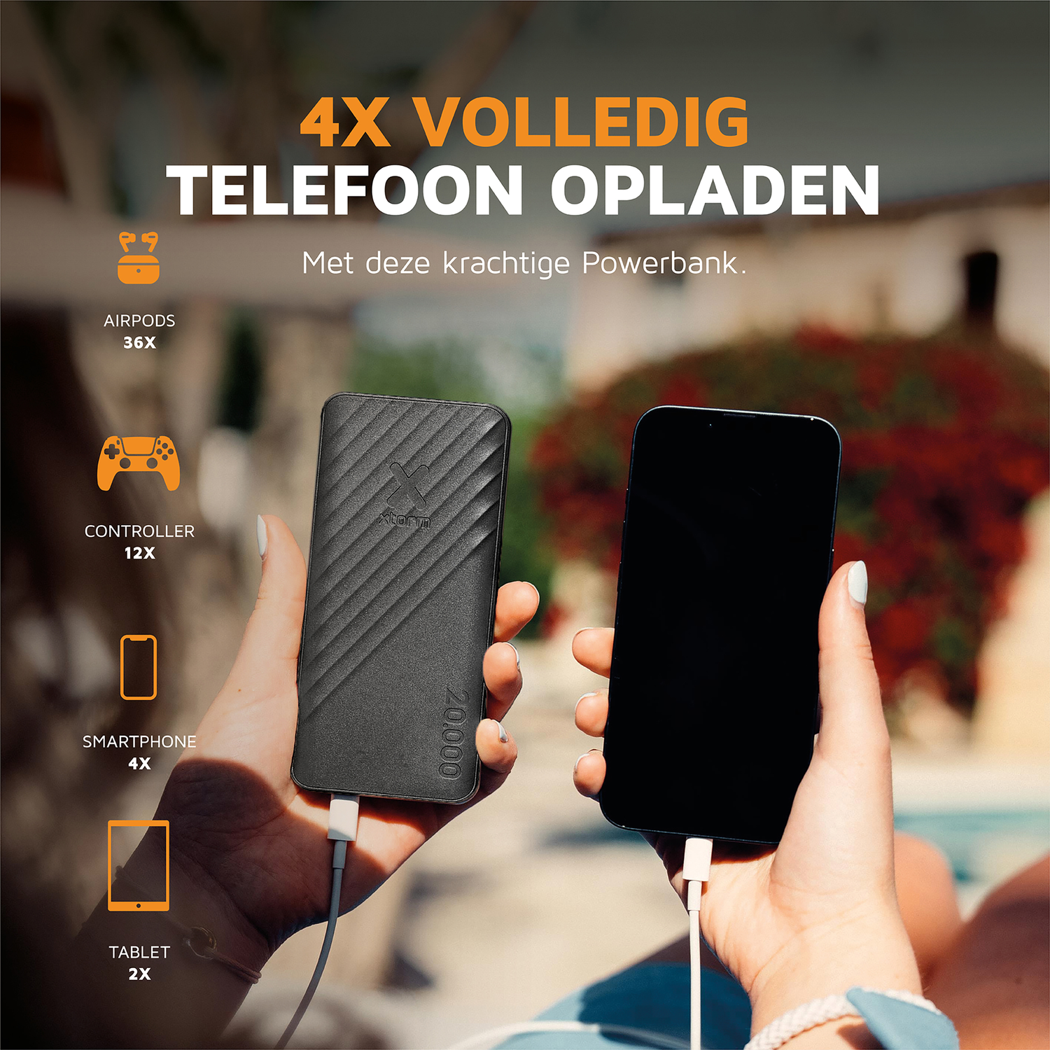 Powerbank charges a smartphone. Icons show charging capacities.