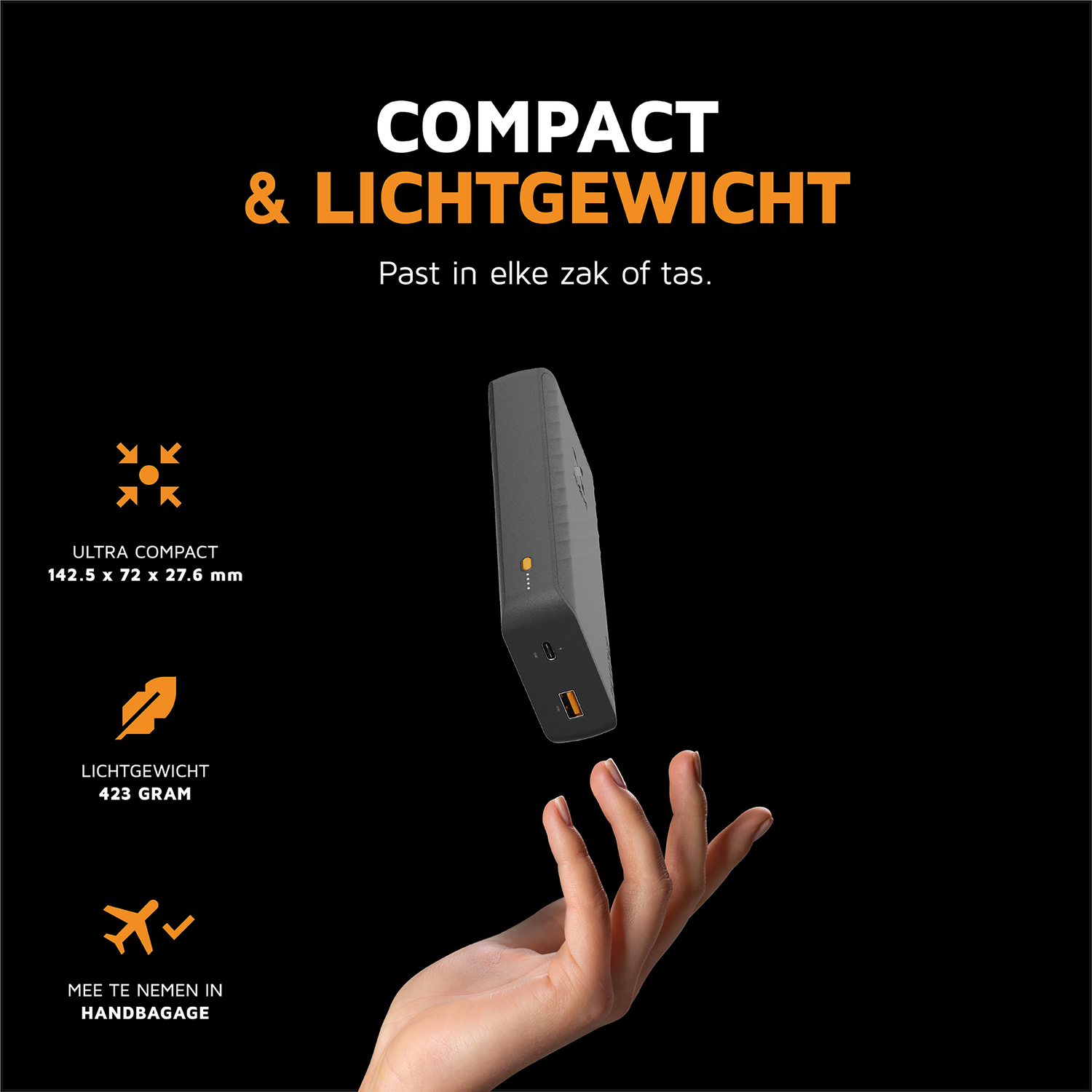Gray power bank above a hand, with text about compactness & weight.