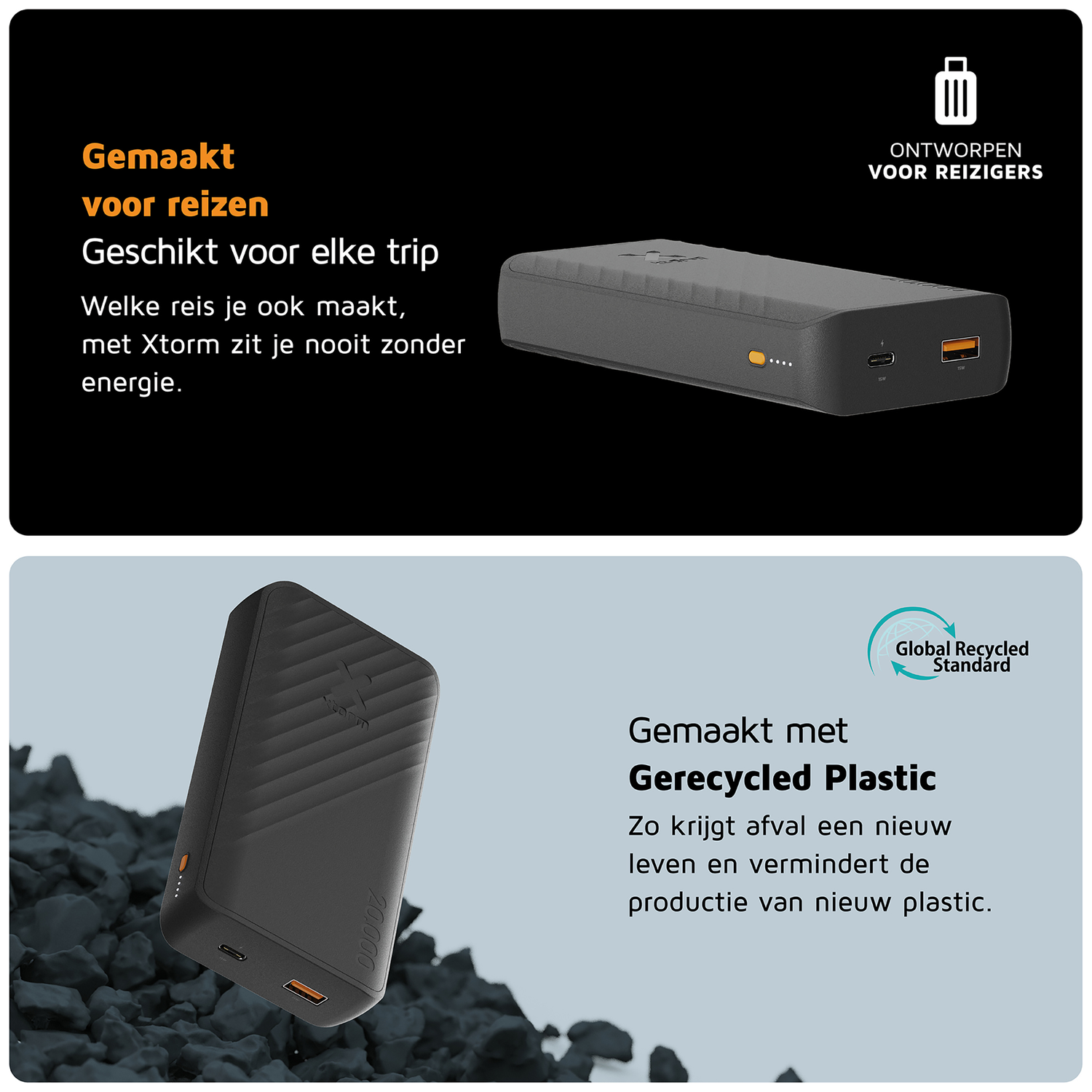A grey 20,000 mAh power bank. Ideal for travel, made from recycled plastic.