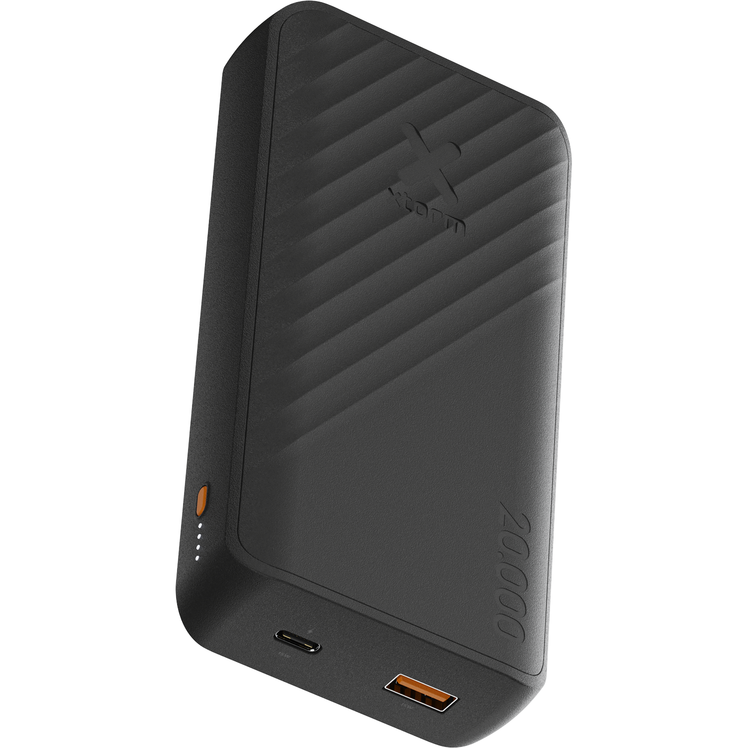 Black 20,000 mAh power bank with USB-C and USB-A ports.