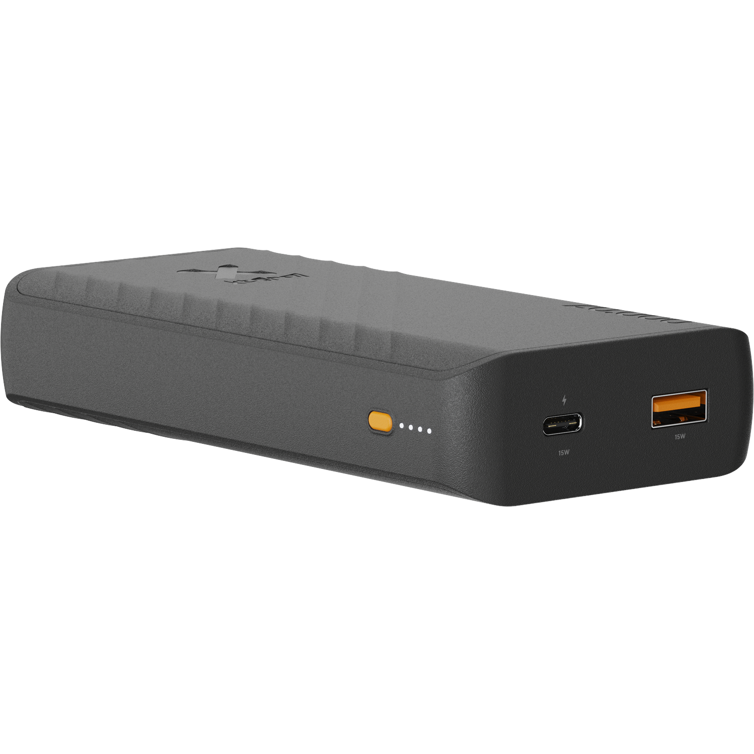 Black power bank with USB-C and USB-A ports.