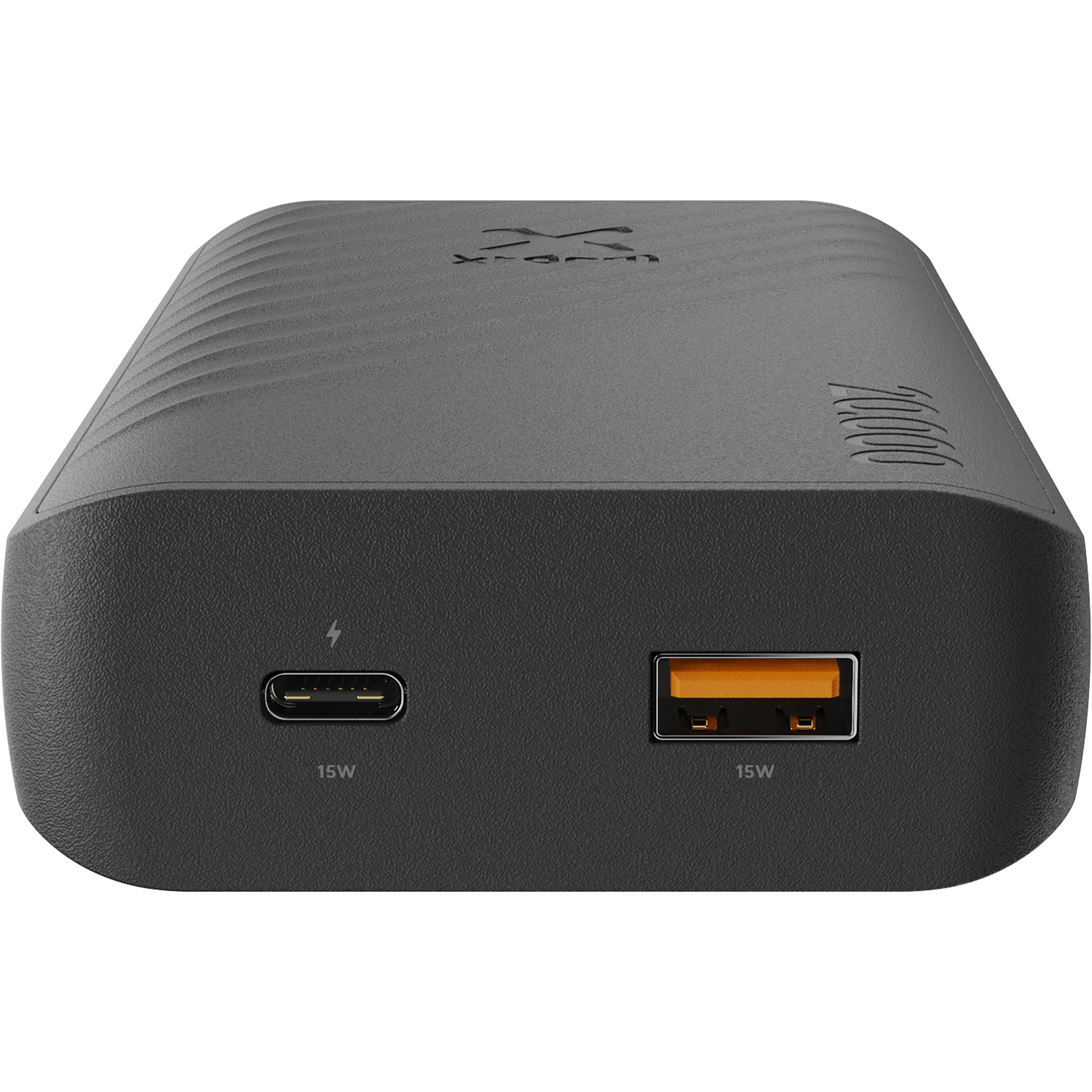 Gray power bank with USB-C and USB-A ports, 15W.