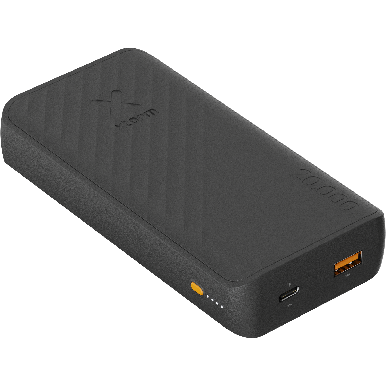 A black Xstorm power bank with 20000 capacity, USB-C and USB-A ports.