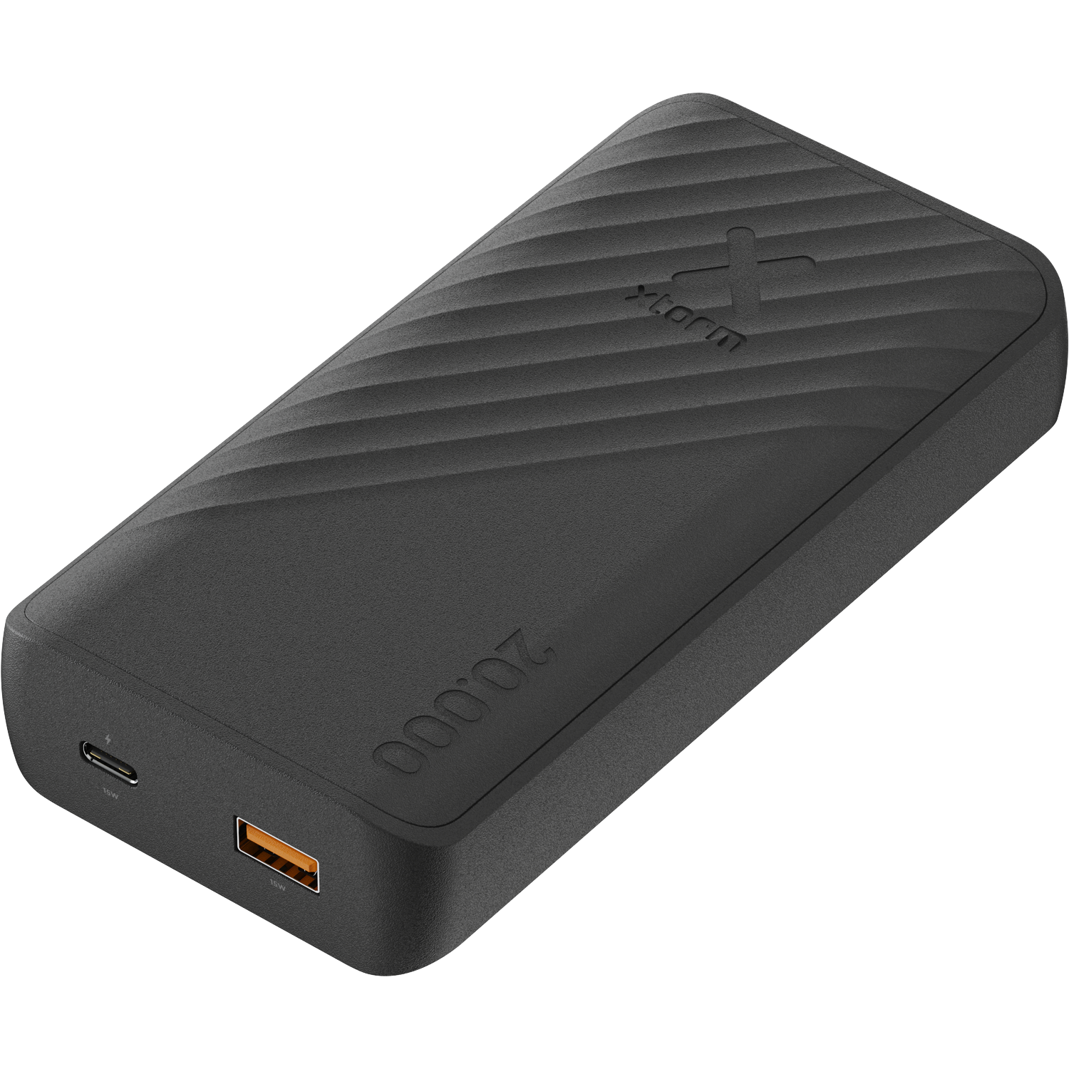 A black power bank with a textured surface. It has a USB-C and a USB-A port.