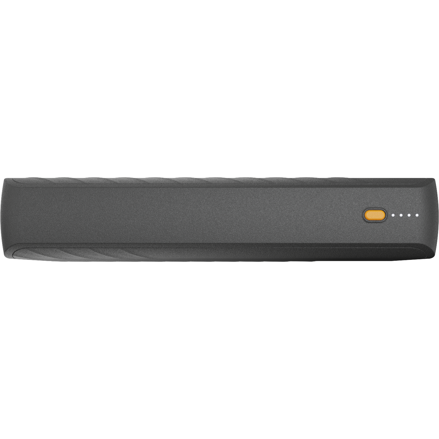 Dark gray, rectangular power bank device with ribbed texture and an orange button.