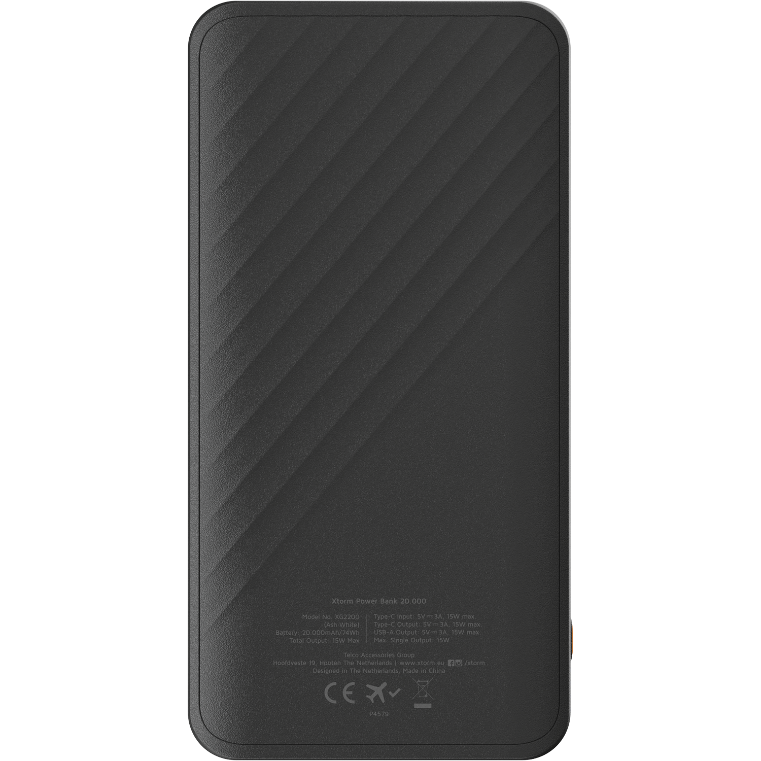 Black Xtorm power bank 20,000 with diamond pattern, tech specs, and CE marking.