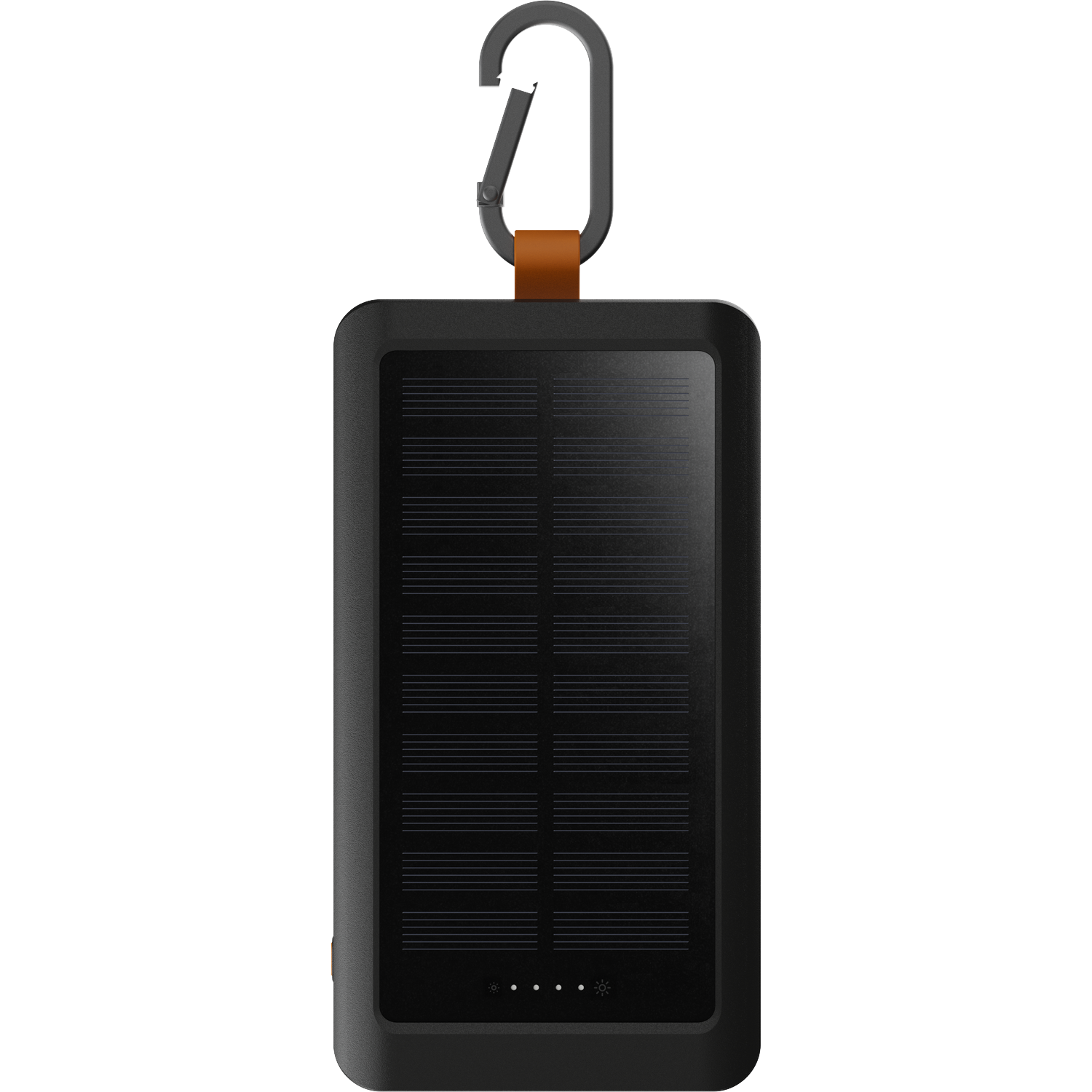 Black solar charger with carabiner and leather strap.