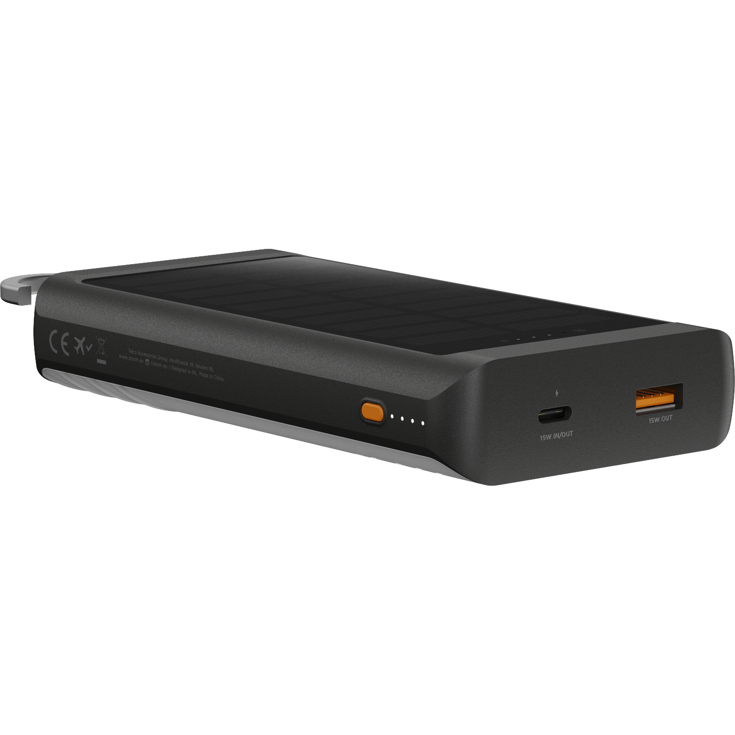Black solar charger with USB-C and USB-A ports.