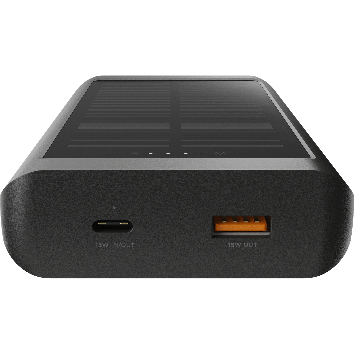 Black power bank with solar panel, USB-C and USB-A ports.