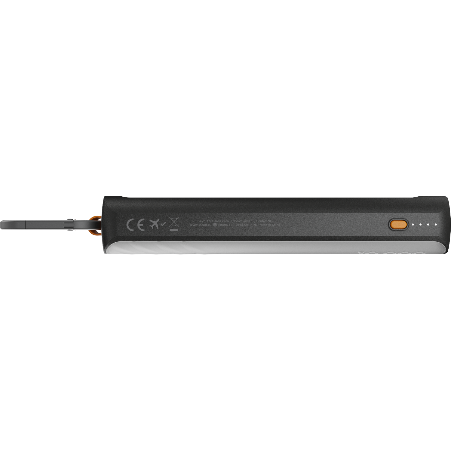 Black charging cable with CE mark and orange button.