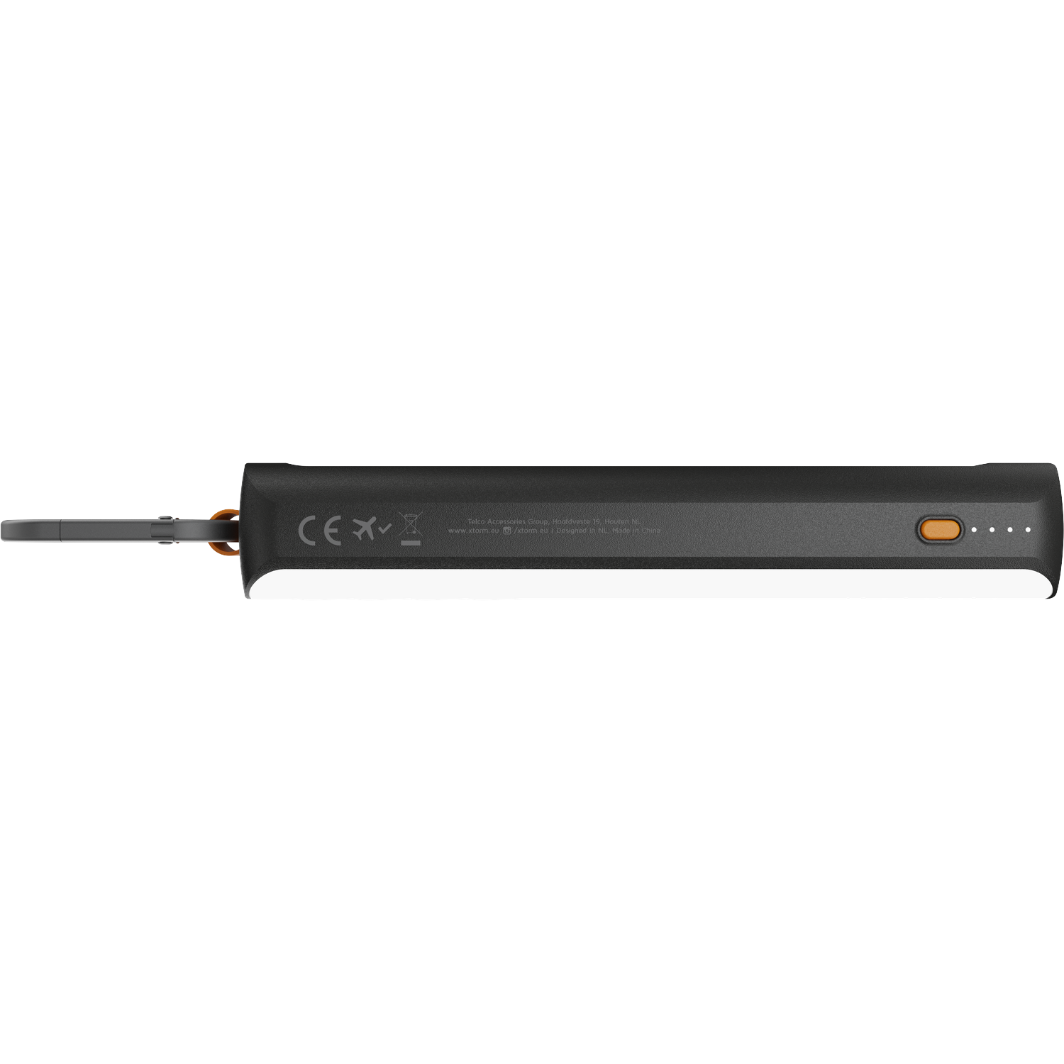Dark gray power bank with CE mark, orange button, and charging indicators.