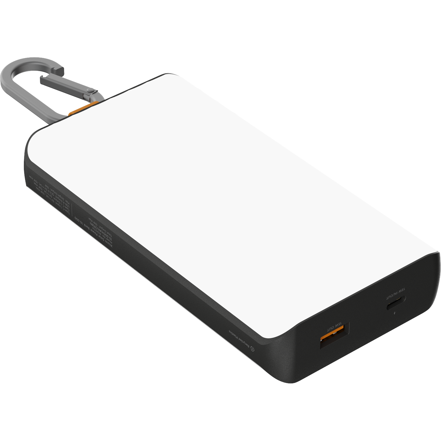 A white power bank with a carabiner, USB-A and USB-C ports.