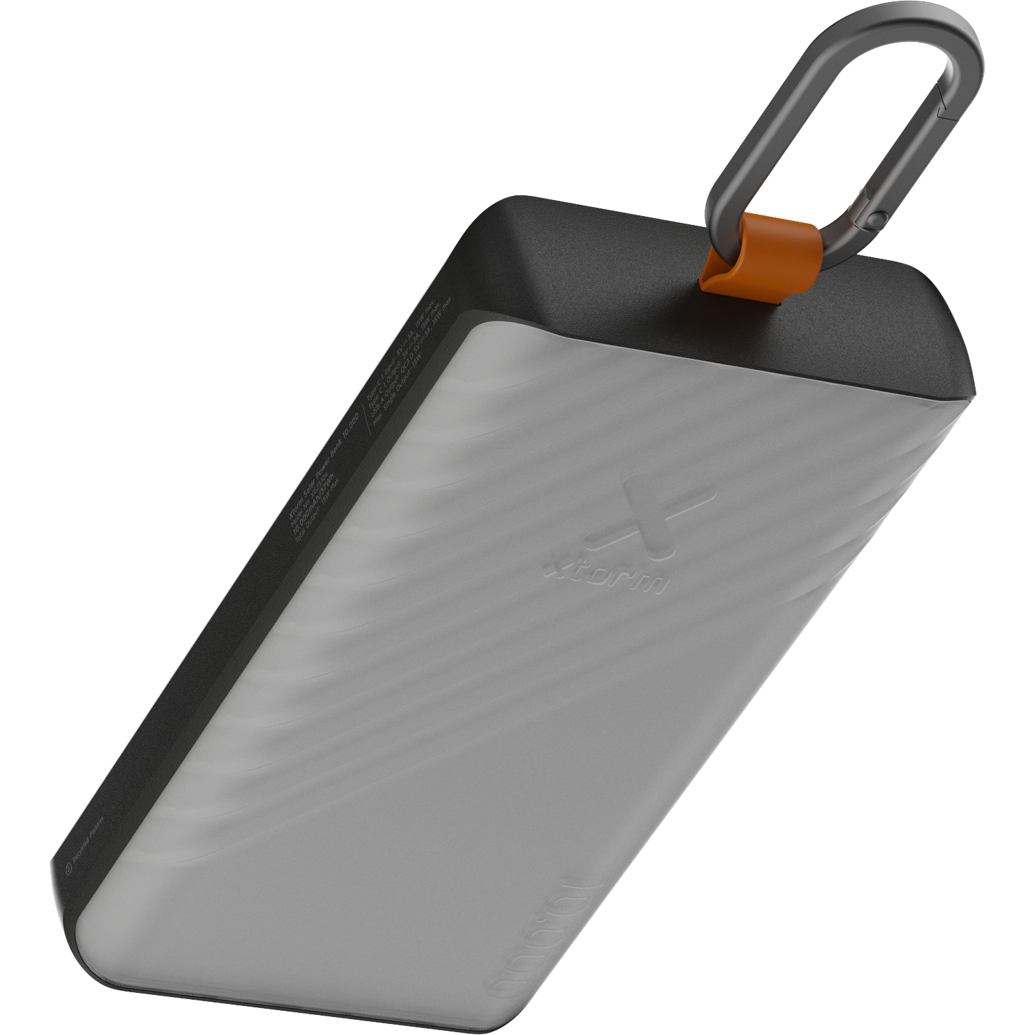 Grey solar power bank with carabiner clip and orange loop.