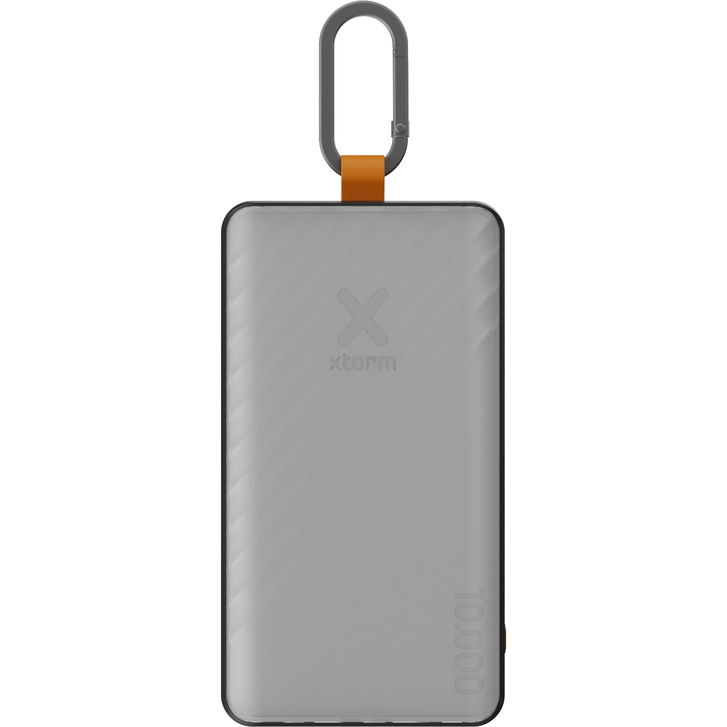Gray Xtorm power bank with carabiner and orange strap.