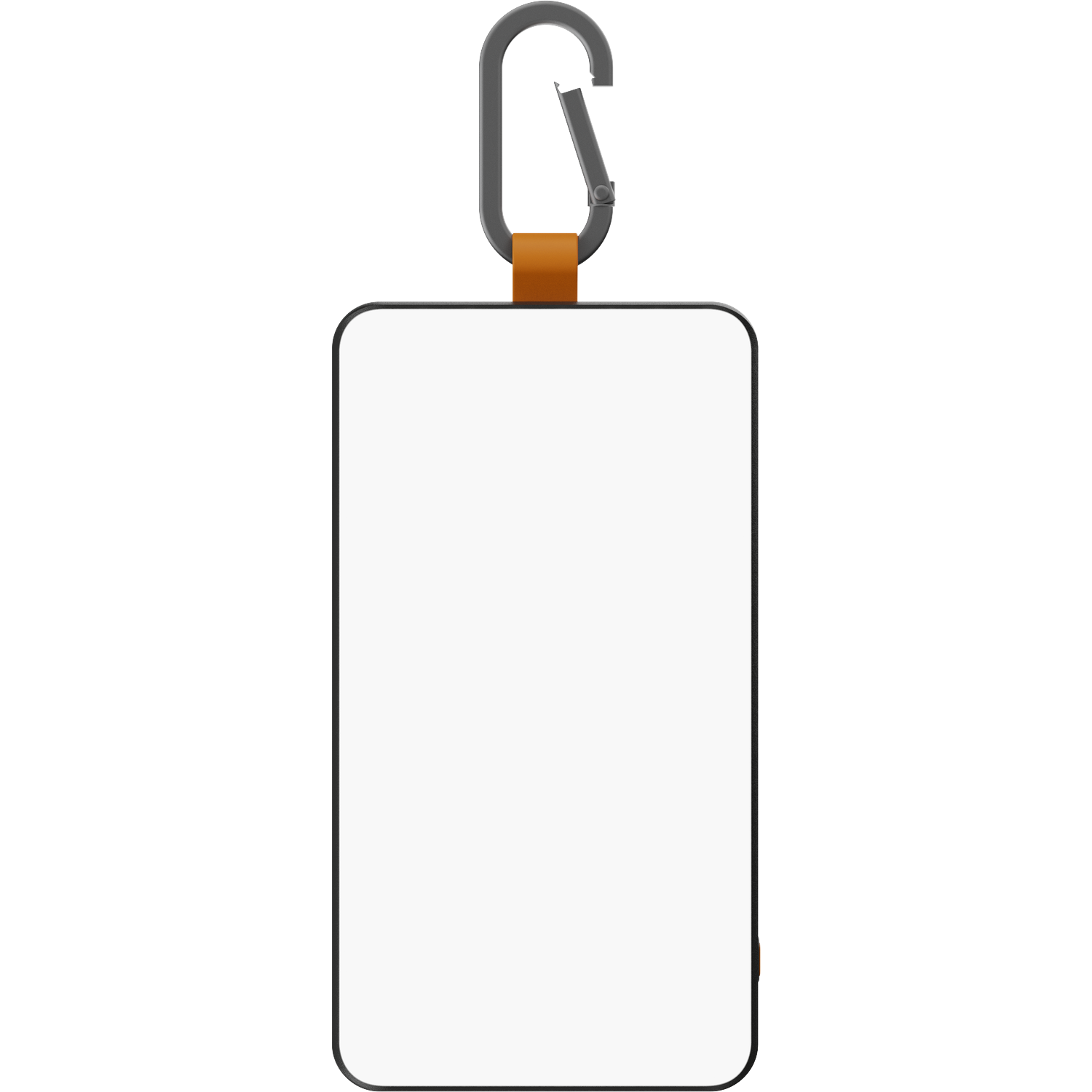 A rectangular, white object with a silver carabiner and brown leather strap.