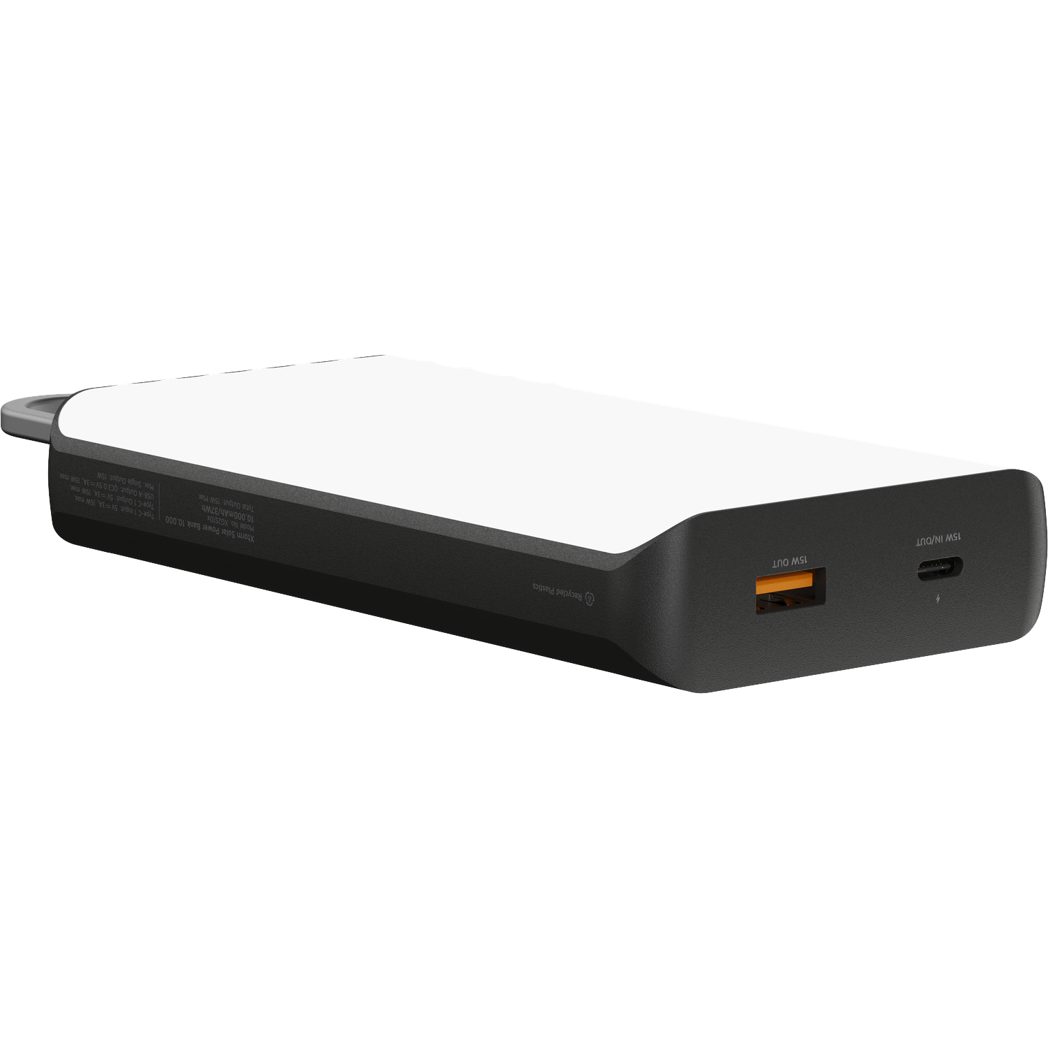 Black power bank with white top, USB-A and USB-C ports. 10,000mAh.