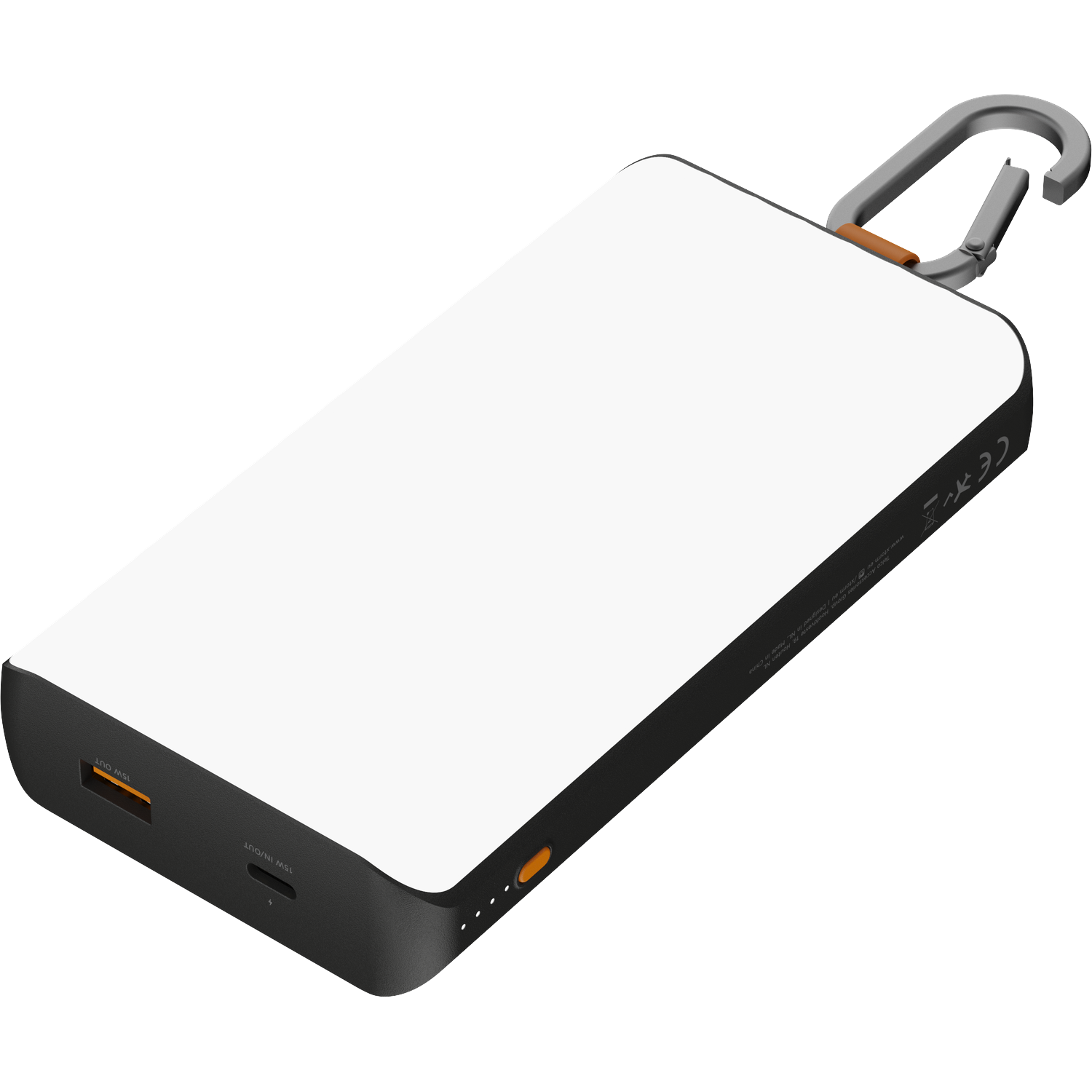 A black power bank with a carabiner, USB-C and USB-A ports.