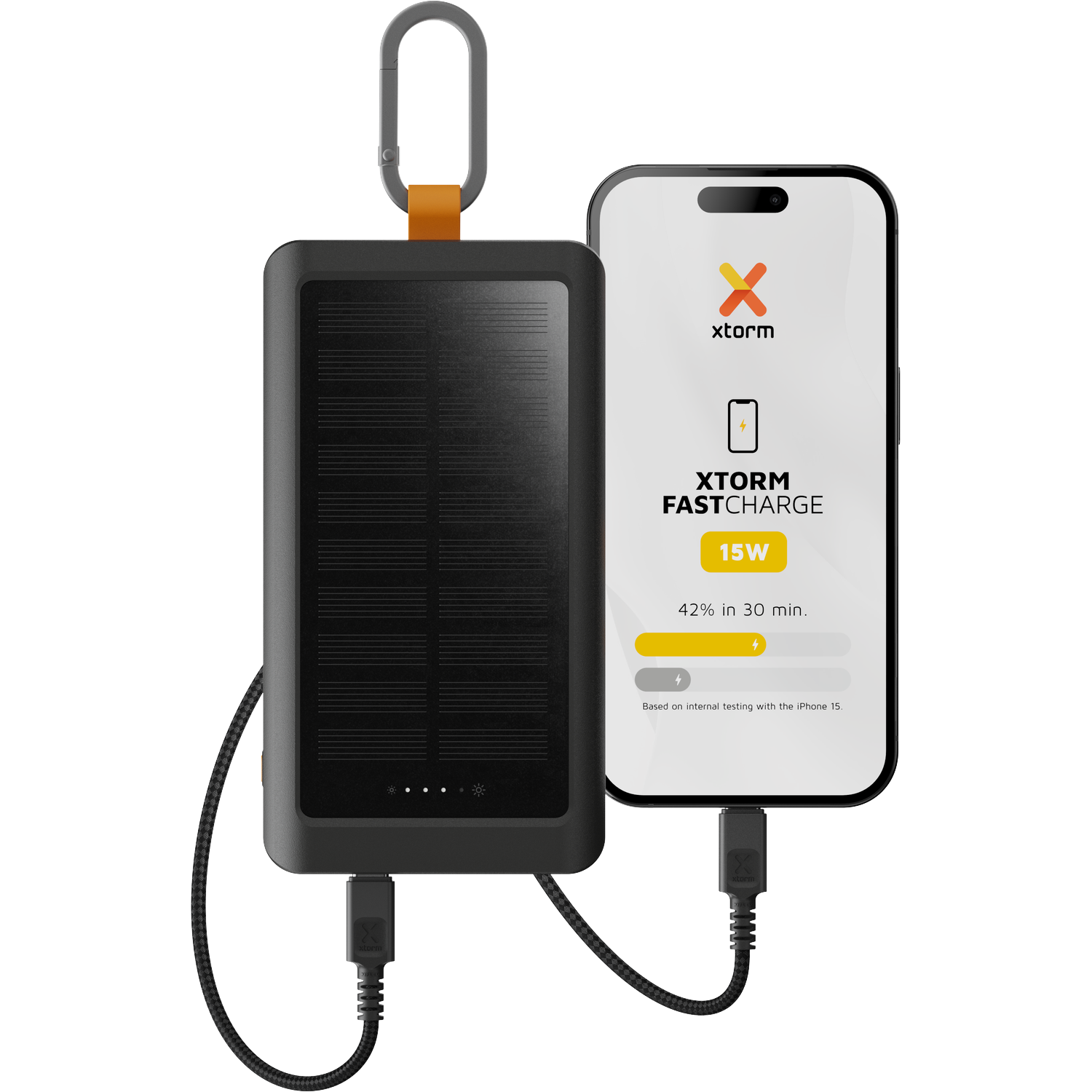 A black solar charger powers a smartphone. It shows 15W and 42% in 30 min.