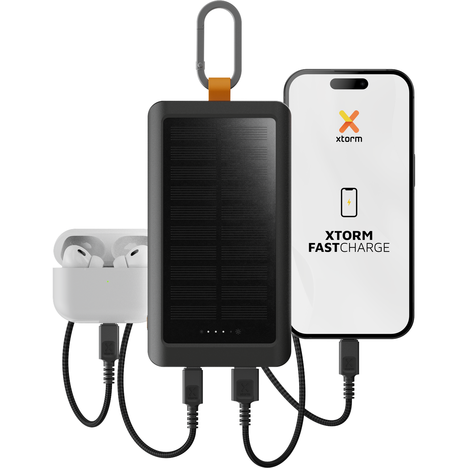 Solar power bank with AirPods and smartphone, connected by cable.