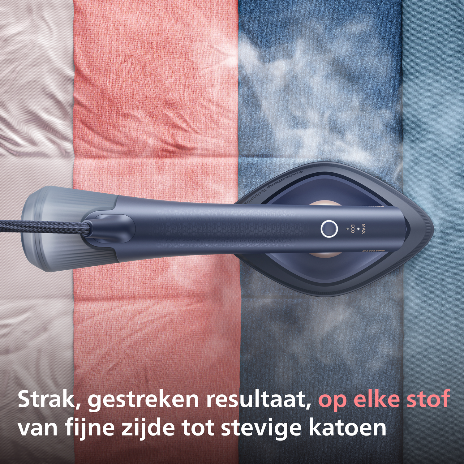 Steam iron on fabrics of different colors, being steamed.