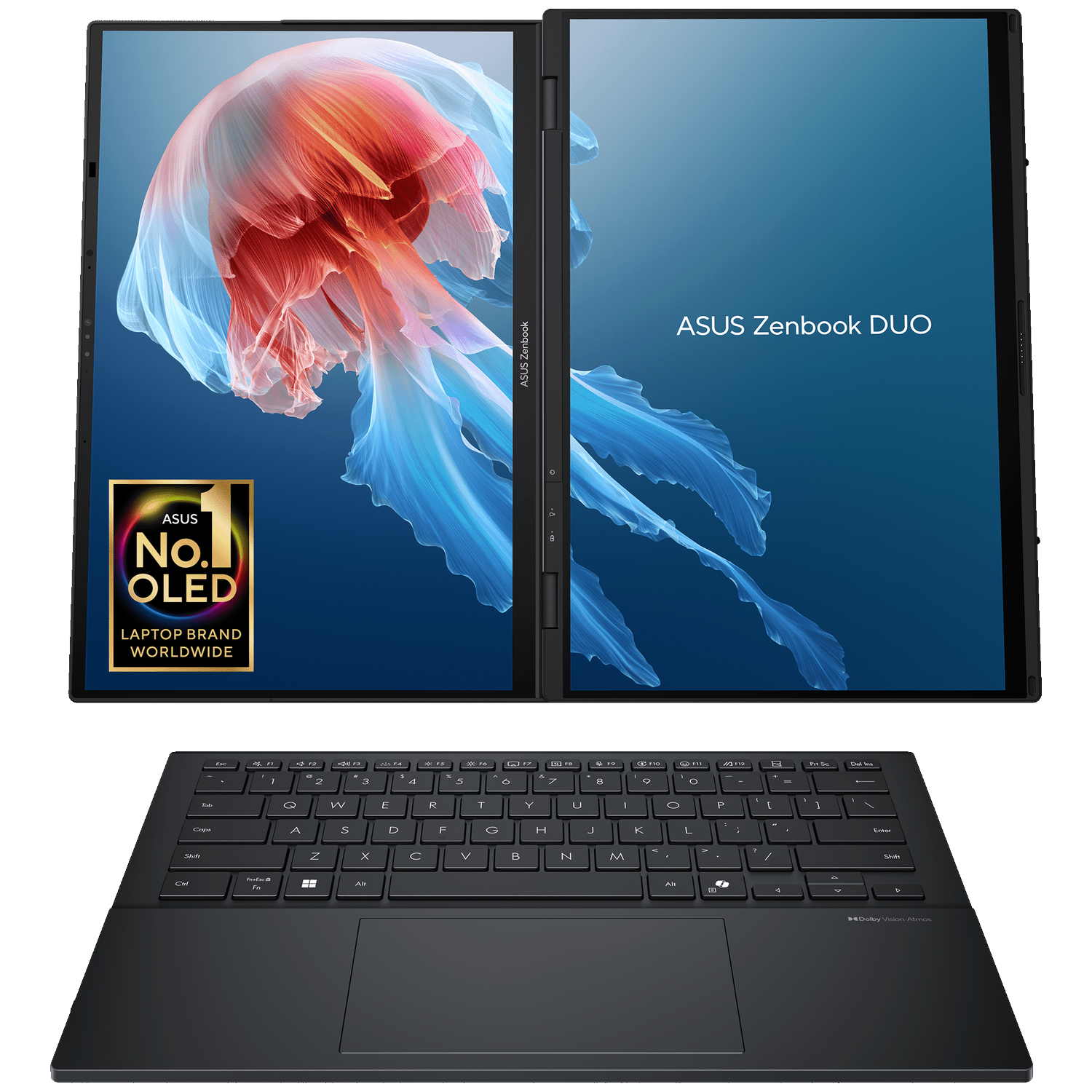 An open ASUS Zenbook DUO laptop with dual screens, displaying a koi fish graphic.