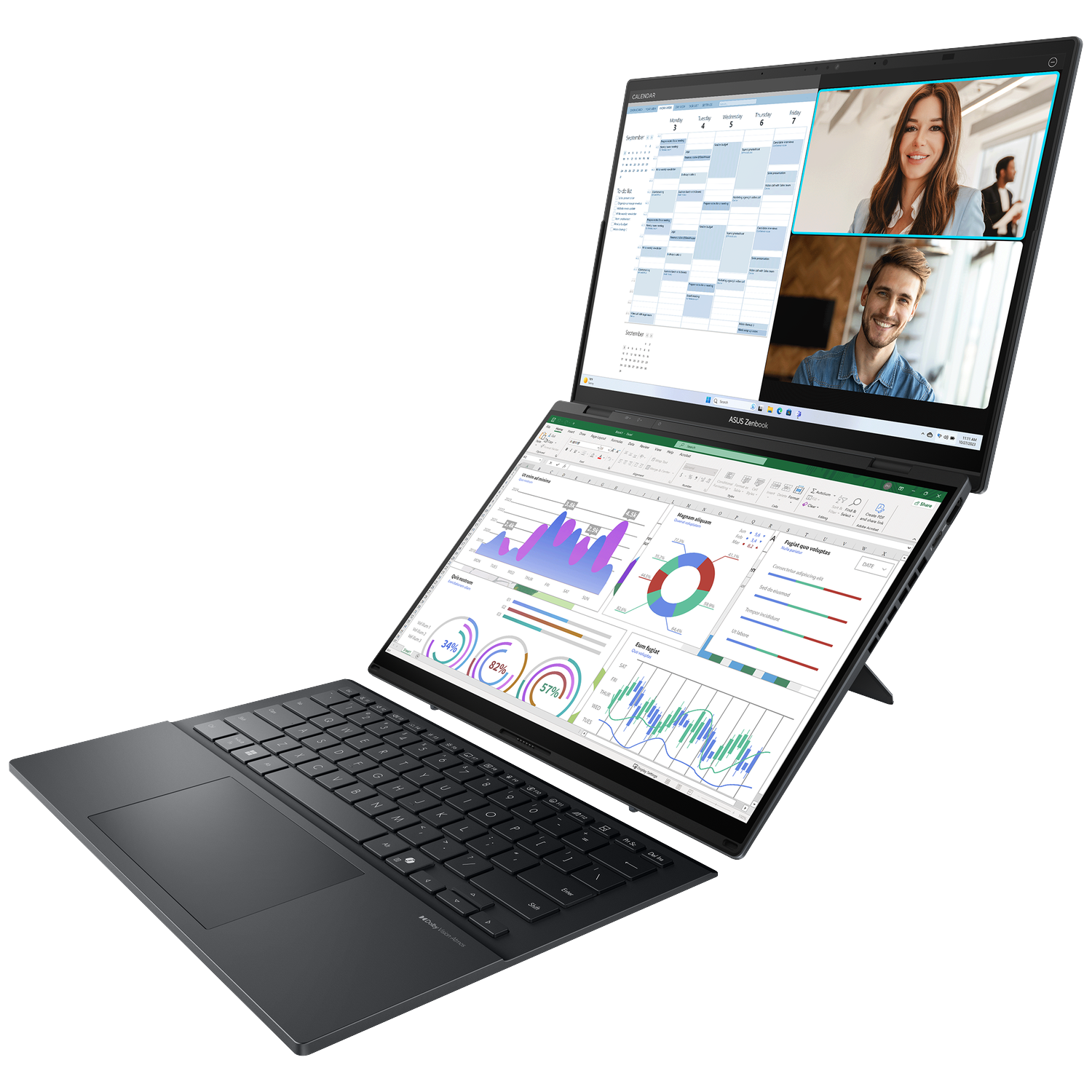 An Asus Zenbook laptop with dual screens, showing a calendar and video conference app.