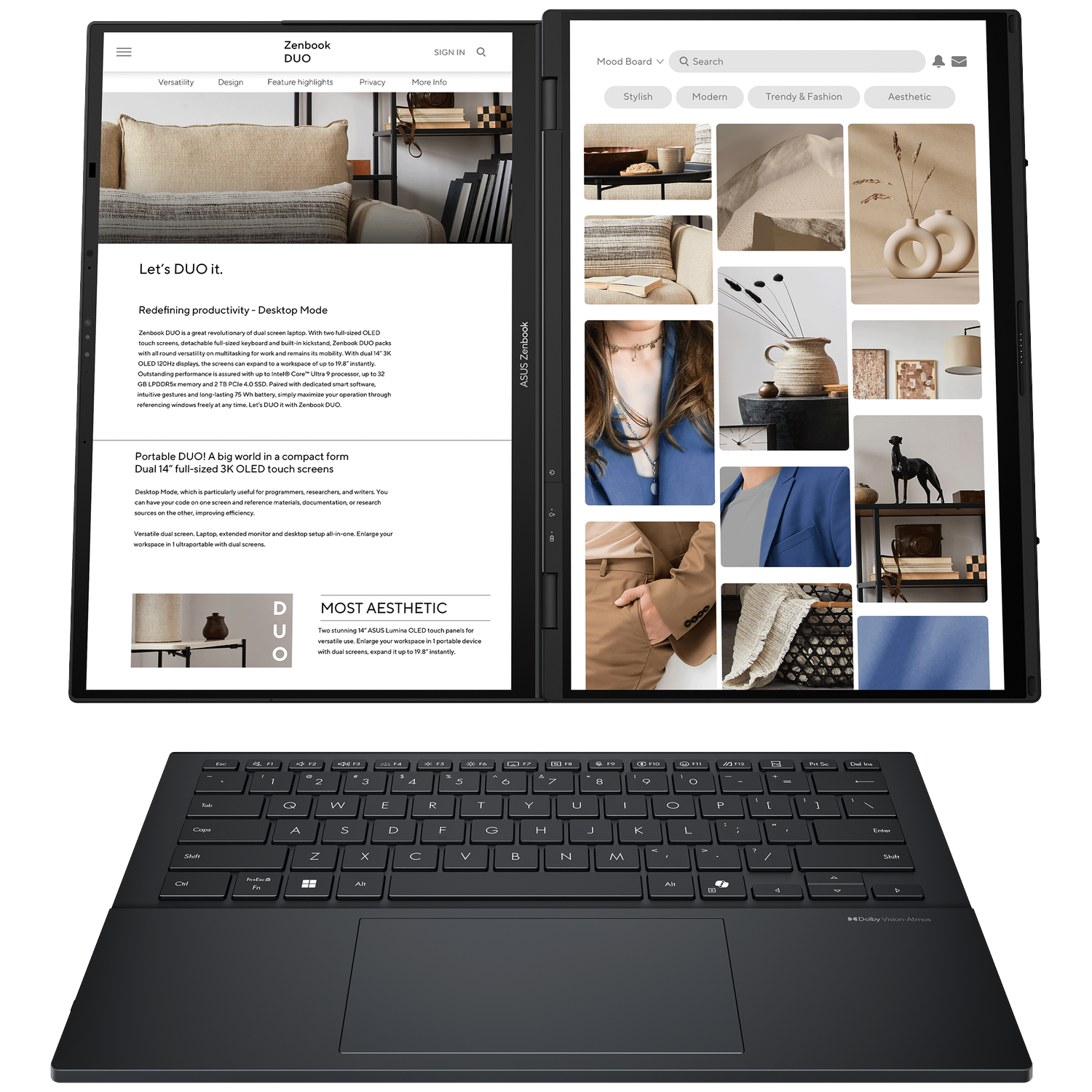 An Asus Zenbook Duo laptop featuring dual 14-inch OLED touchscreens and keyboard.
