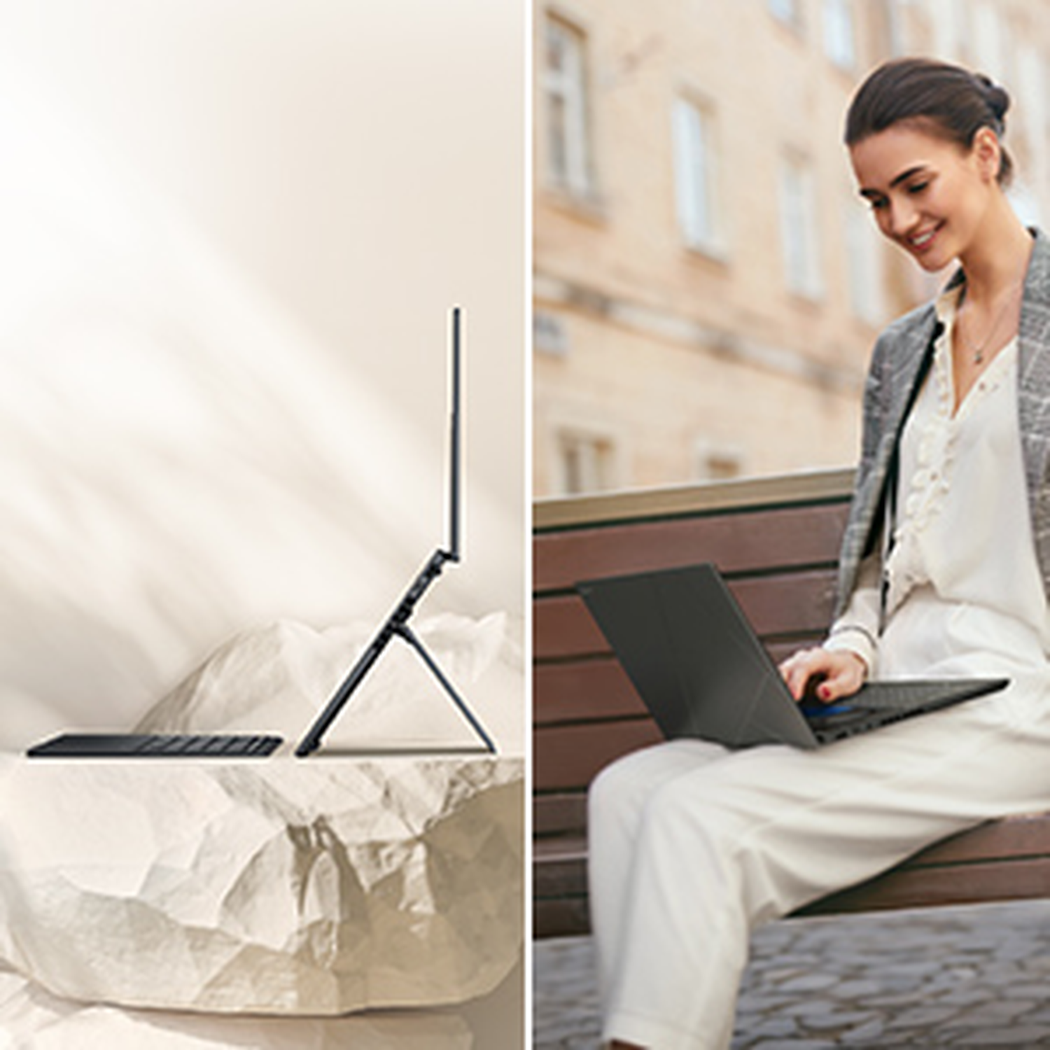 A woman sits outdoors with a laptop. Left shows a laptop on a stand.