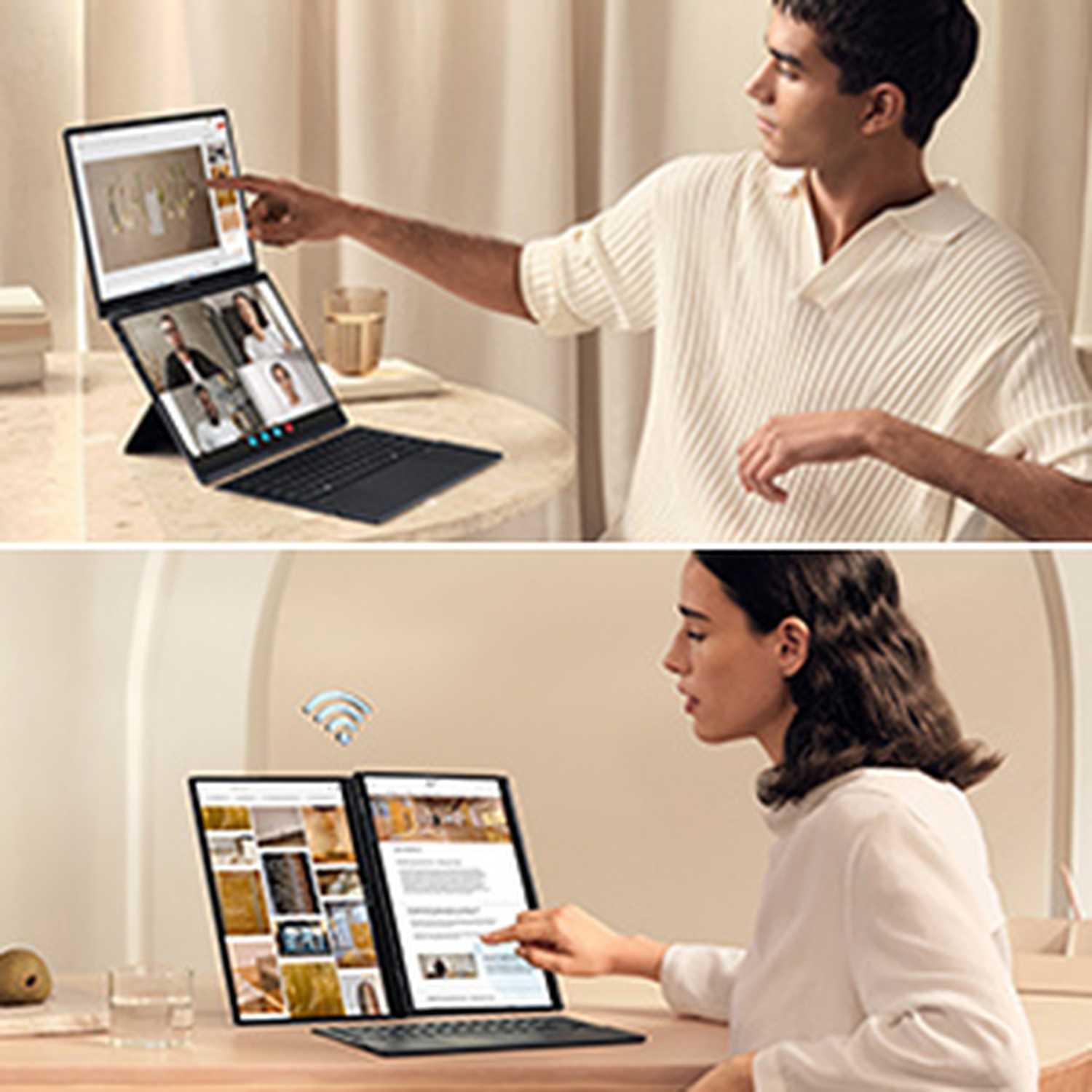 Man and woman use multi-screen laptops for video calls and online work.