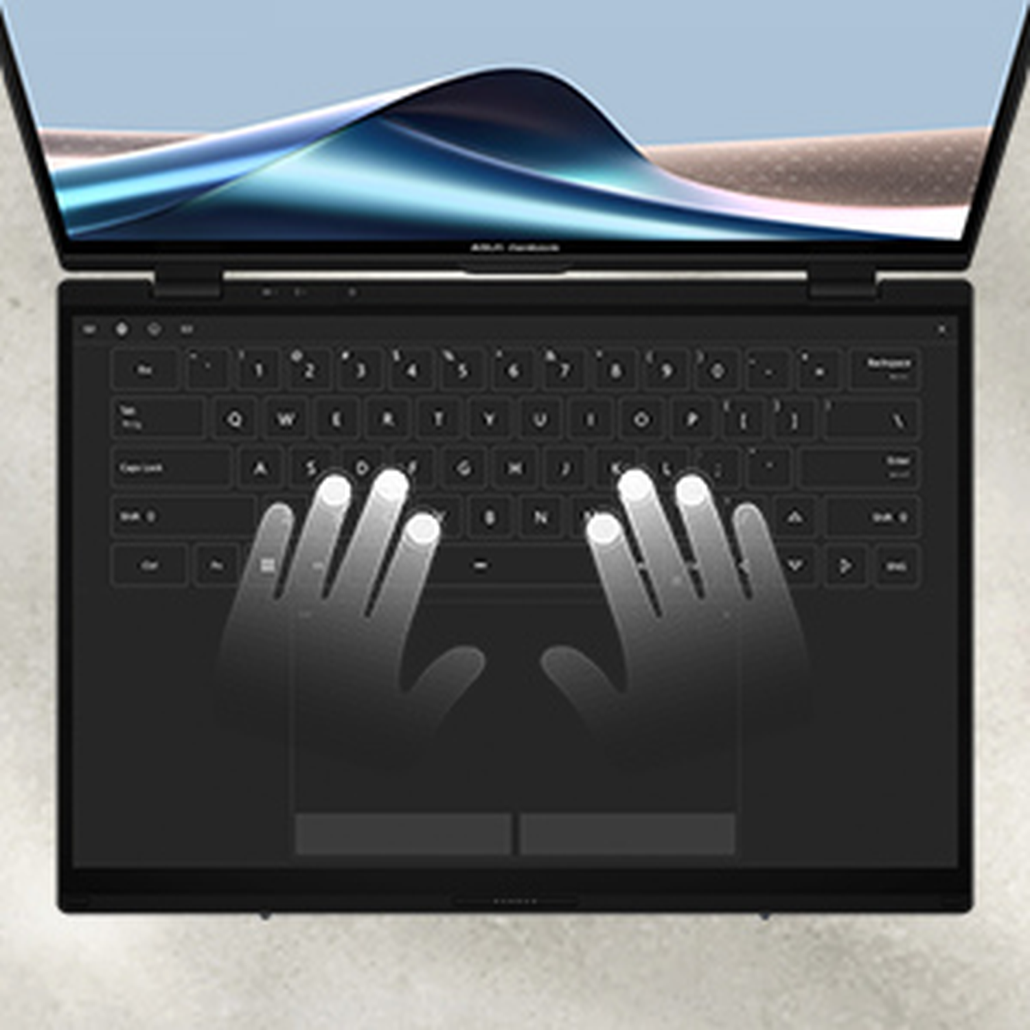 A laptop keyboard with stylized hands typing. The screen displays abstract graphics.