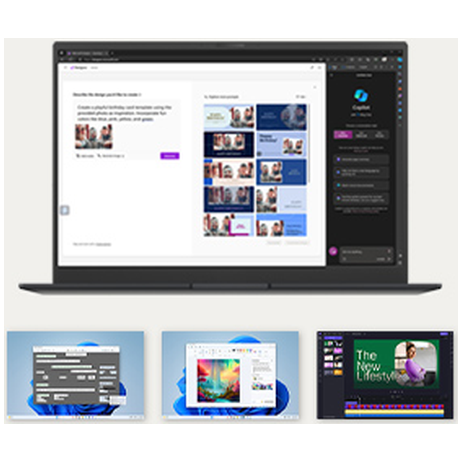 A laptop displays a design app with templates. Three smaller windows are below.