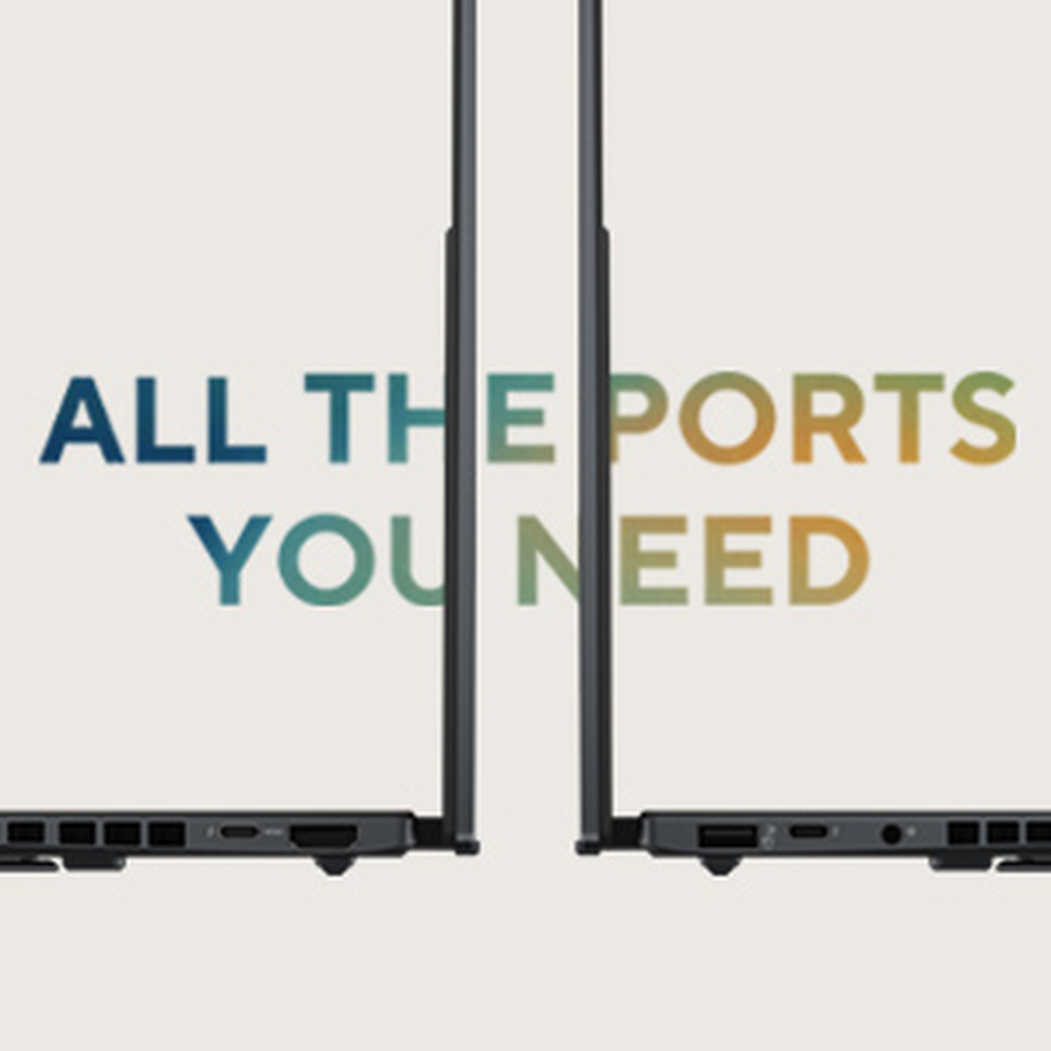 Two laptops showing ports, text 'ALL THE PORTS YOU NEED'.