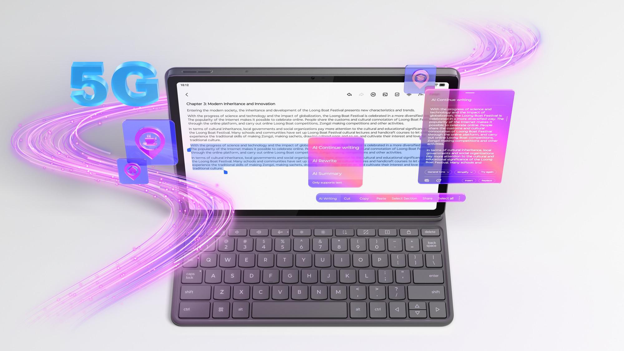 Ein Laptop mit einem 5G-Symbol und digitalen Symbolen, die über ihn schweben.