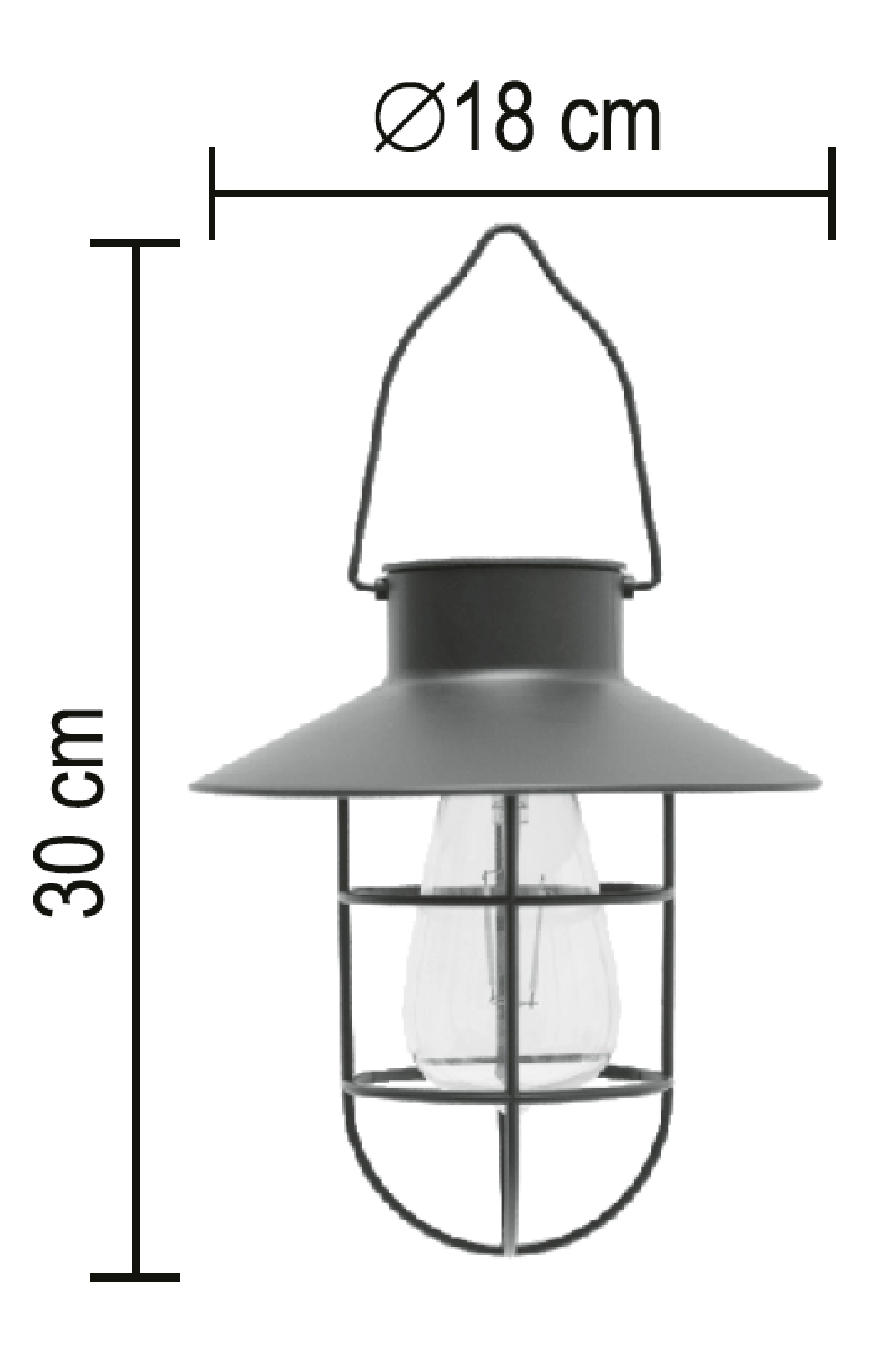 Szürke, lámpás stílusú függőlámpa izzóval, 30cm magas, 18cm átmérőjű.