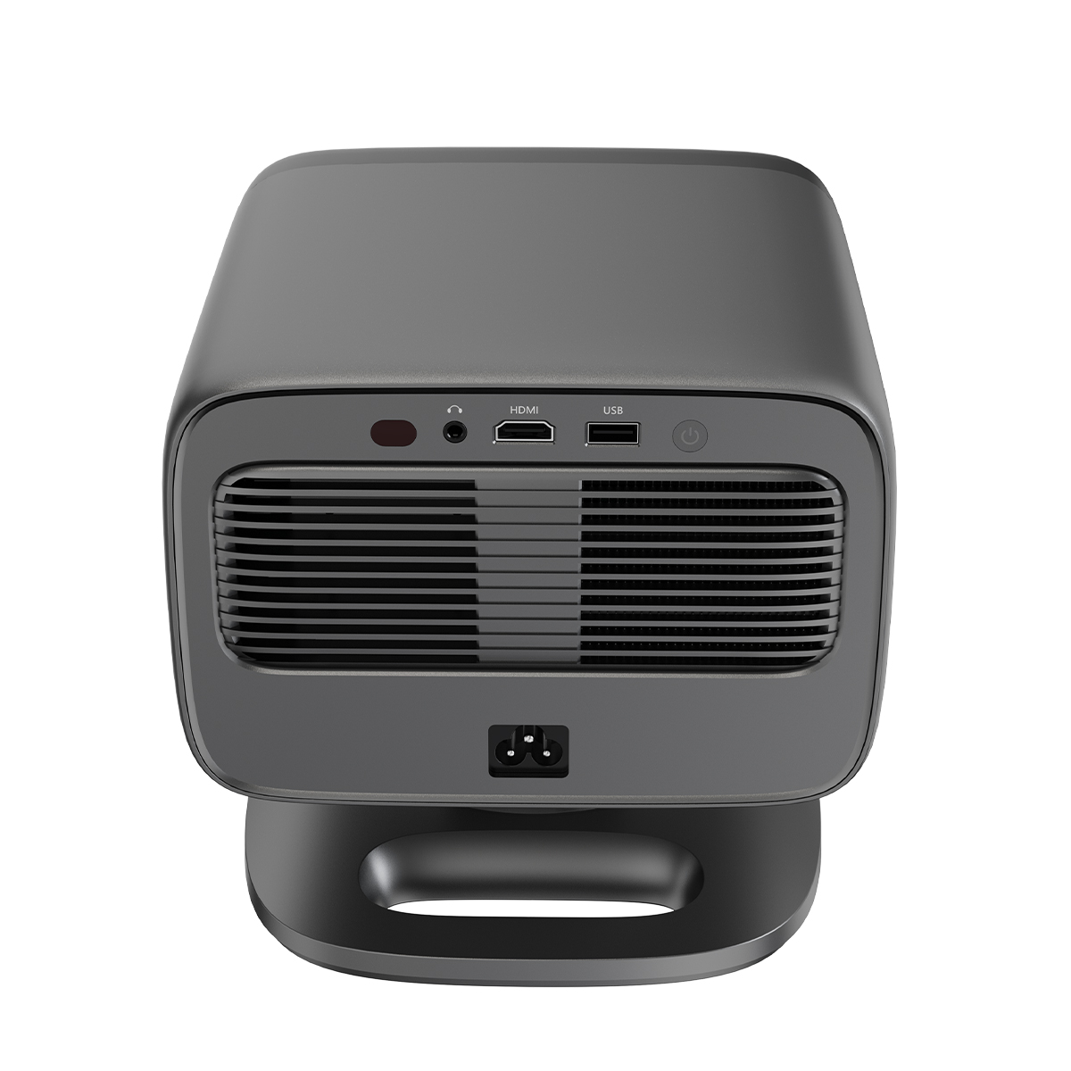 Parte trasera de un proyector gris con rejillas, puertos y soporte.