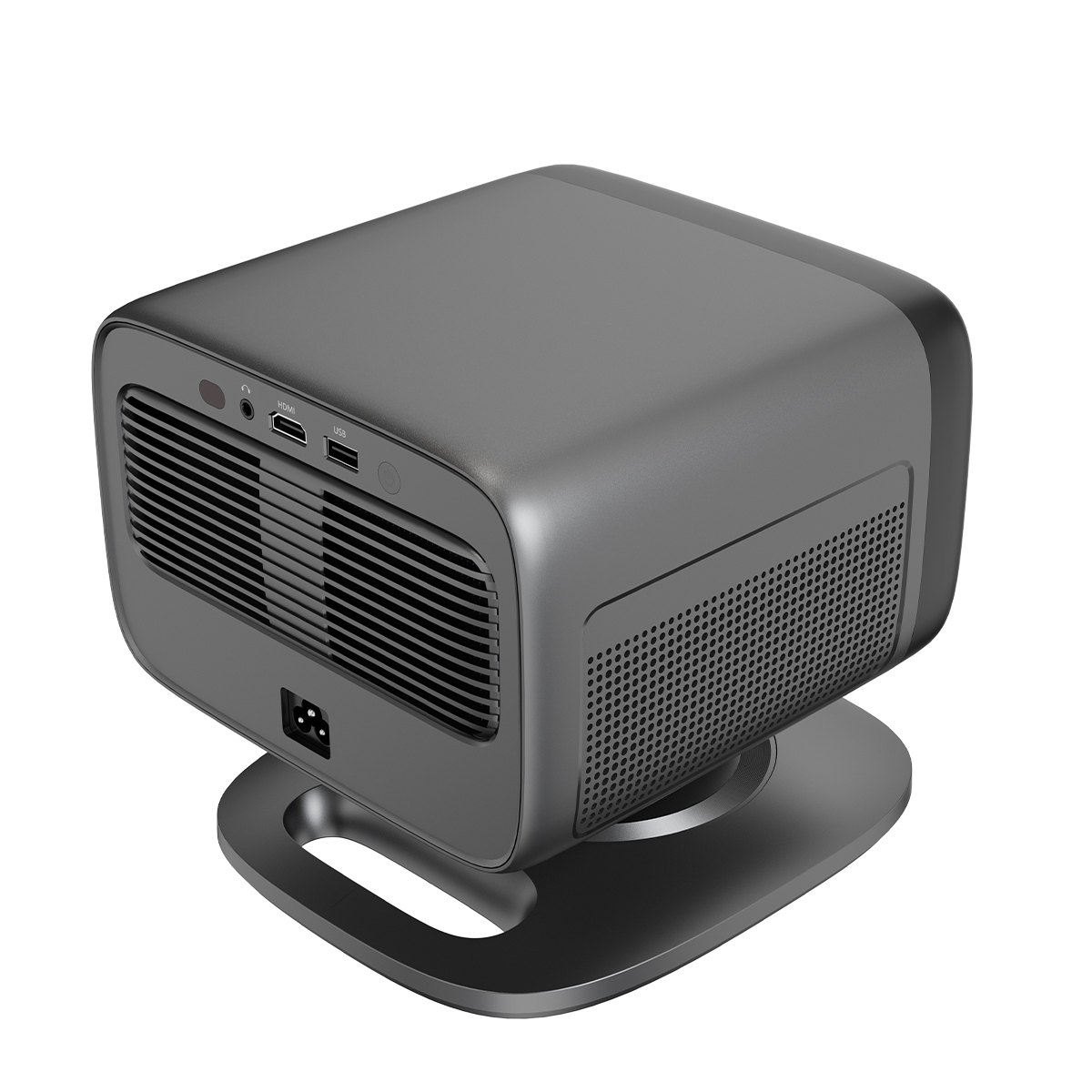Un proyector gris con rejillas de ventilación y puertos sobre un soporte.