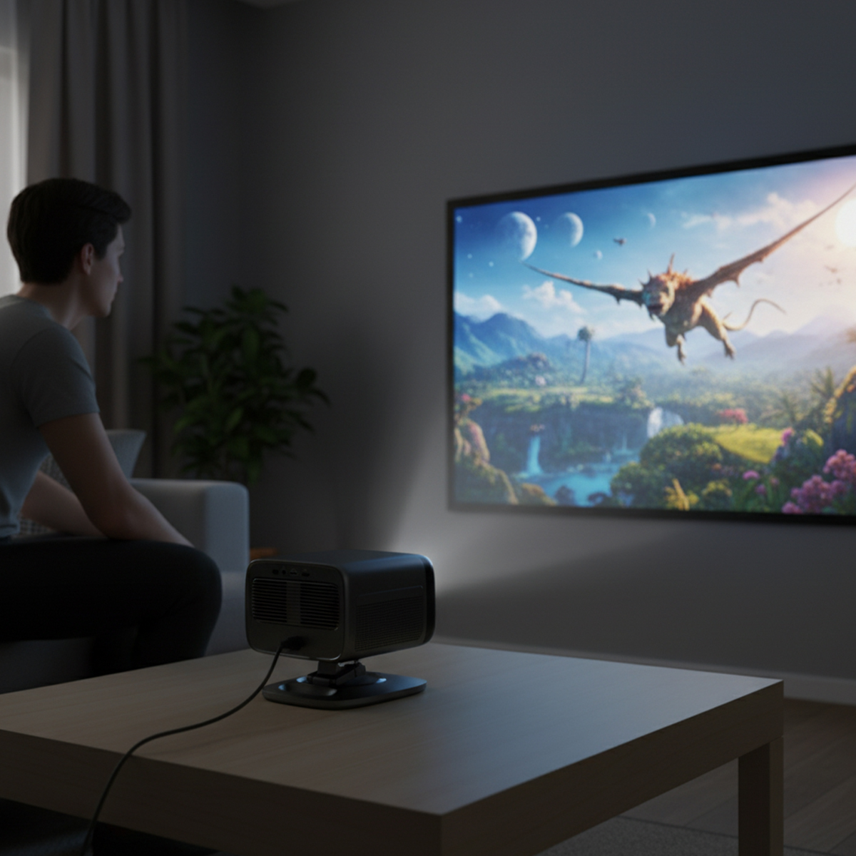 Un hombre mira una pantalla con un dragón volando. Un proyector está sobre una mesa.