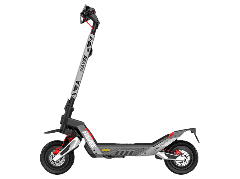 Un patinete eléctrico Navee E-cross gris con ruedas negras y detalles rojos.