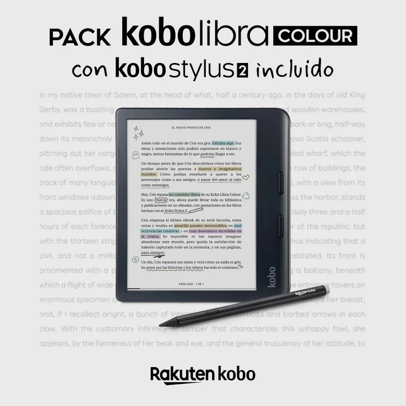 Un e-reader con lápiz yace sobre un libro con texto. Pack kobolibra Colour es el título.