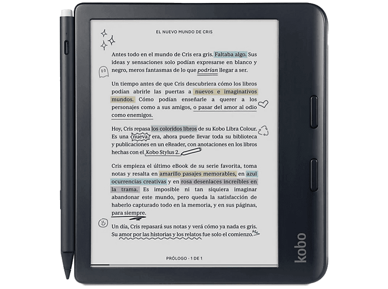 eBook - Kobo Libra Colour + Stylus 2 Negro, Pantalla Táctil a Color de 7", 32 GB, 1264 x 1680 píxeles, WiFi, Bluetooth, Resistente al Agua, Negro