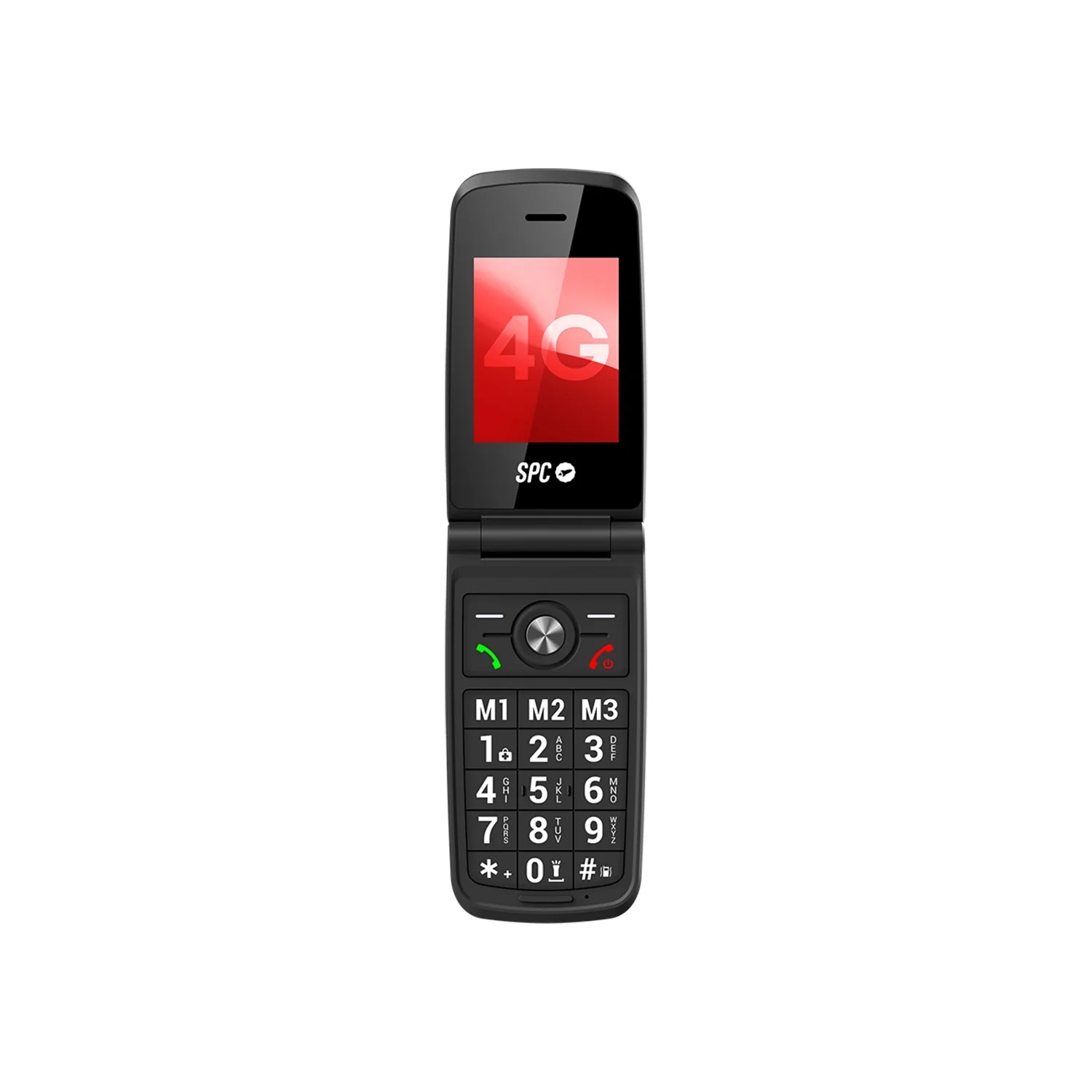 Un teléfono plegable negro con pantalla roja que muestra 4G.